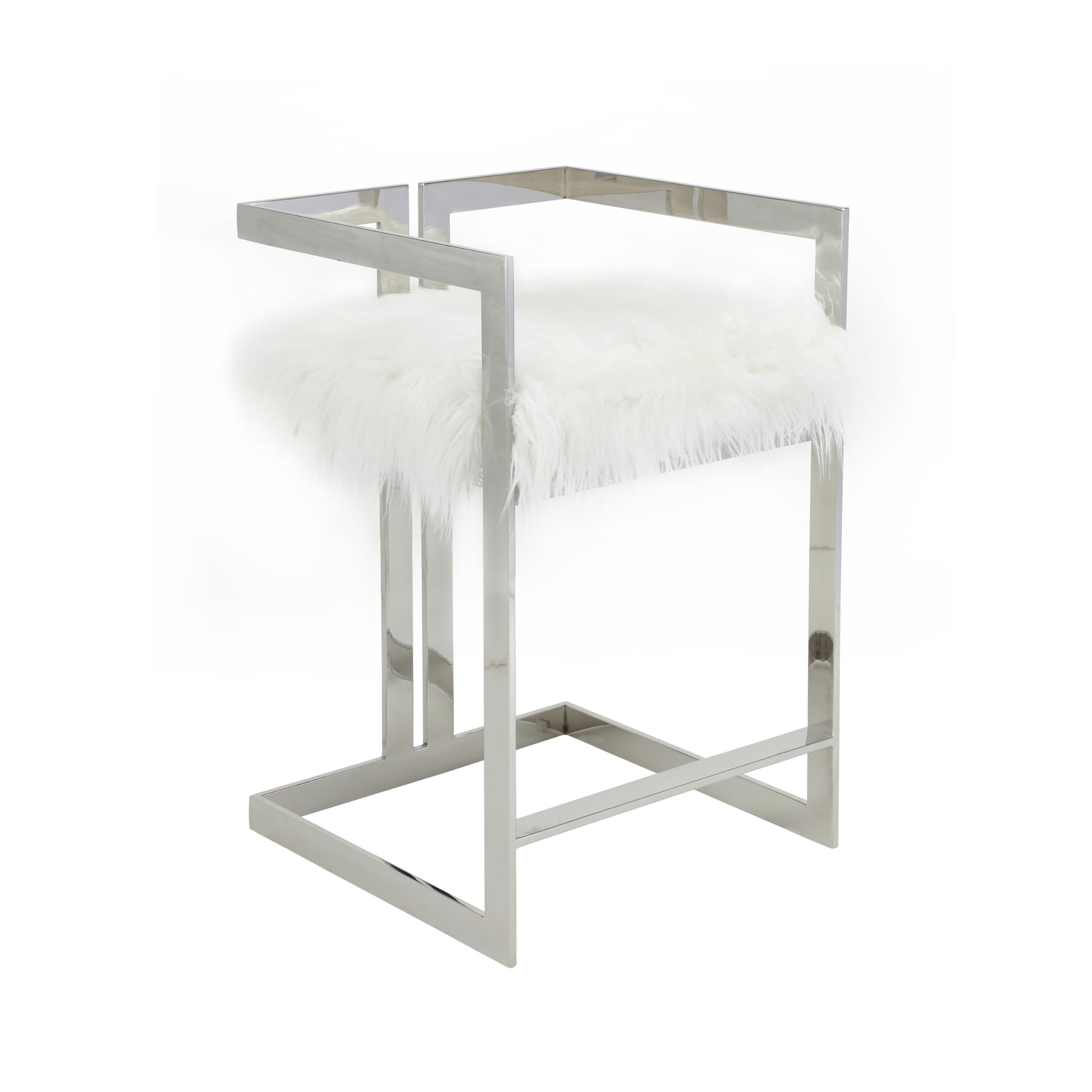 Suki 26 Inch Counter Stool Chair, White Faux Fur, Silver Stainless Steel