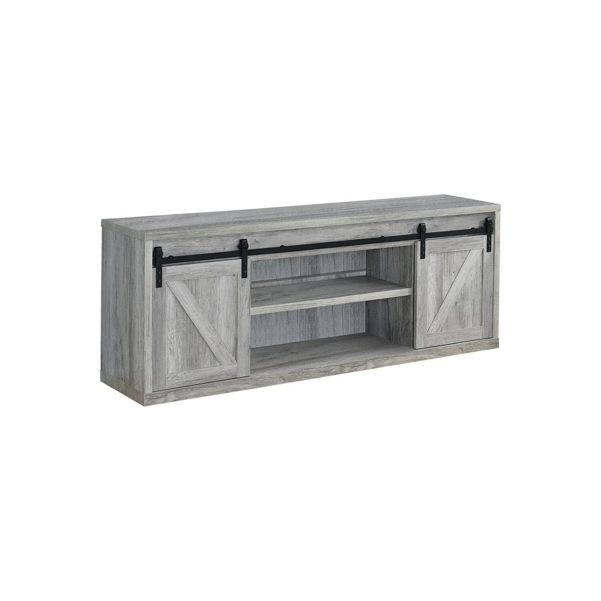 Benjara 71 Inch Farmhouse Wooden Tv Console With 2 Sliding Barn Doors, Gray