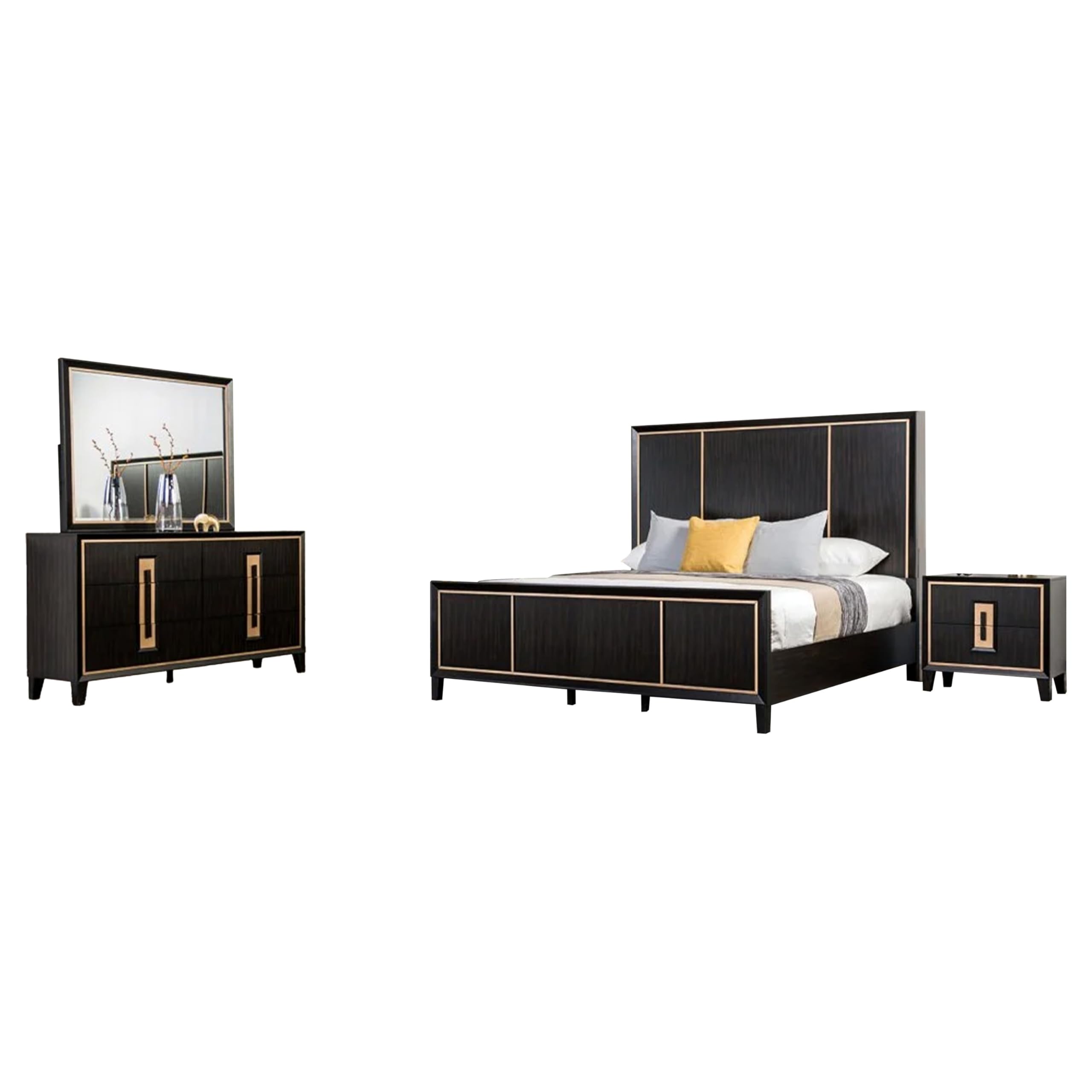 Yada 4pc Queen Bedroom Set w Dresser Mirror, Espresso Brown with Gold Trim