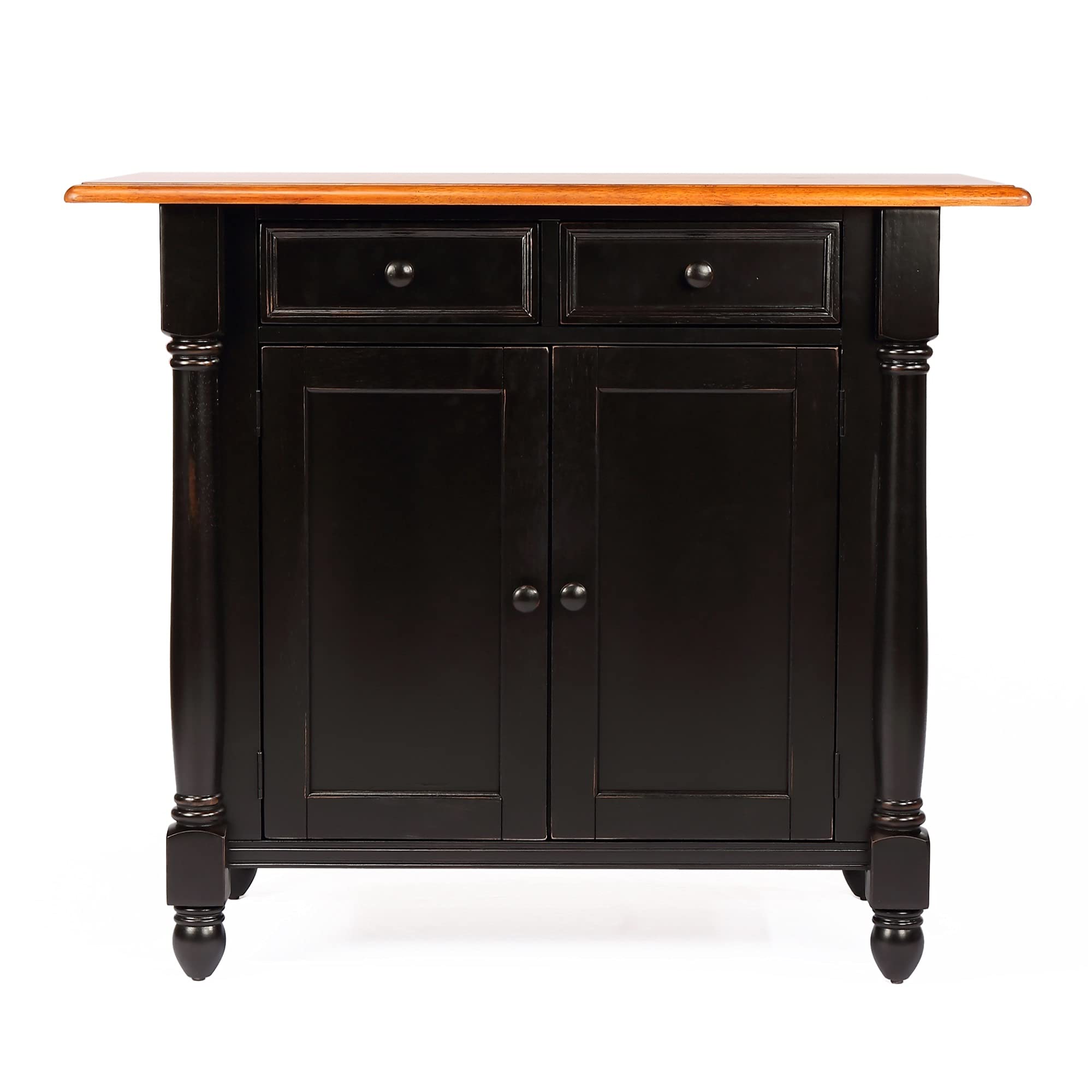 Sunset Trading Antique Black Expandable Kitchen Island with 2 Swivel Stools | Cherry Drop Leaf Top | Drawers and Cabinet