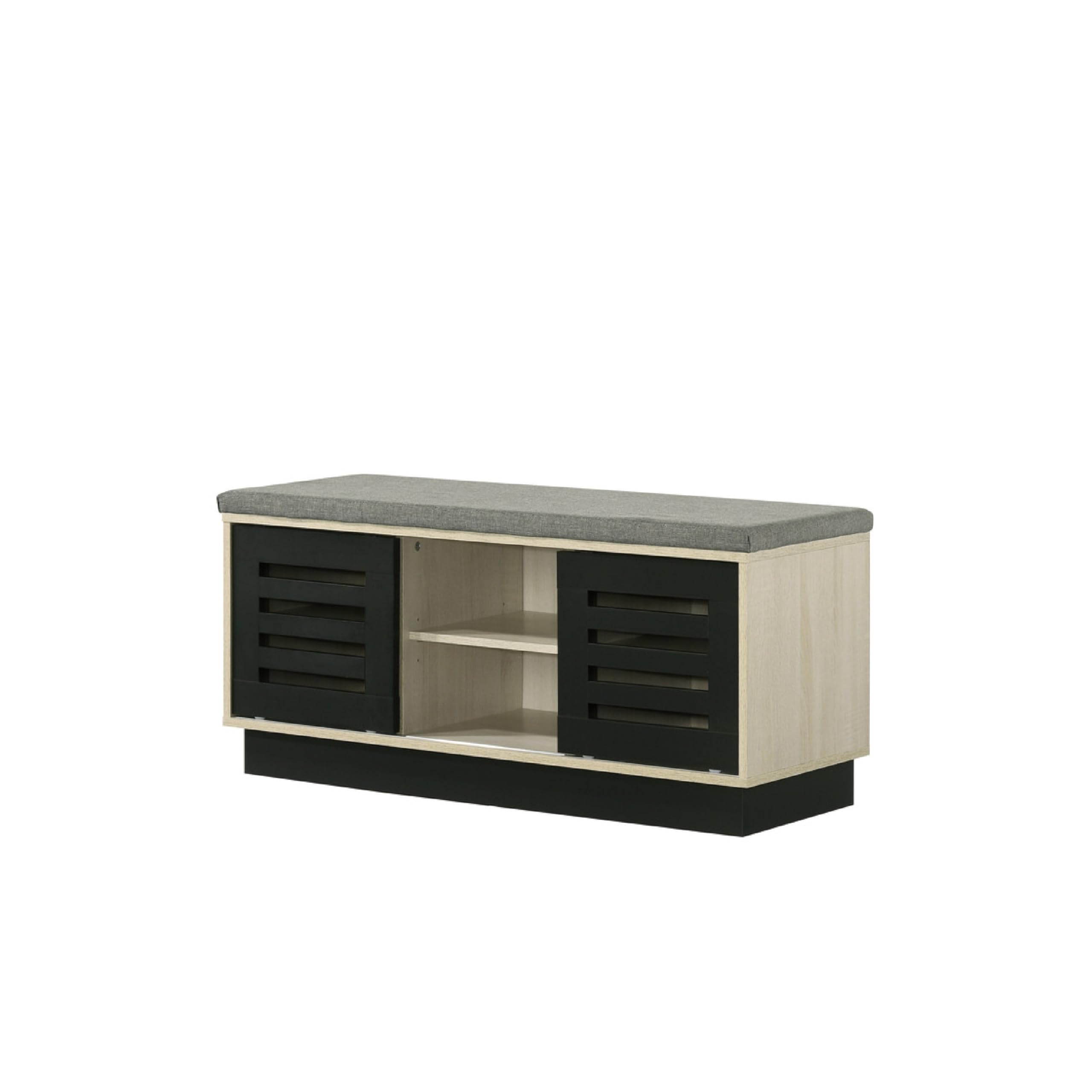 Moxie Shoe Cabinet, Black Sliding Doors, Fabric Top, Oak Wood 39 Inch