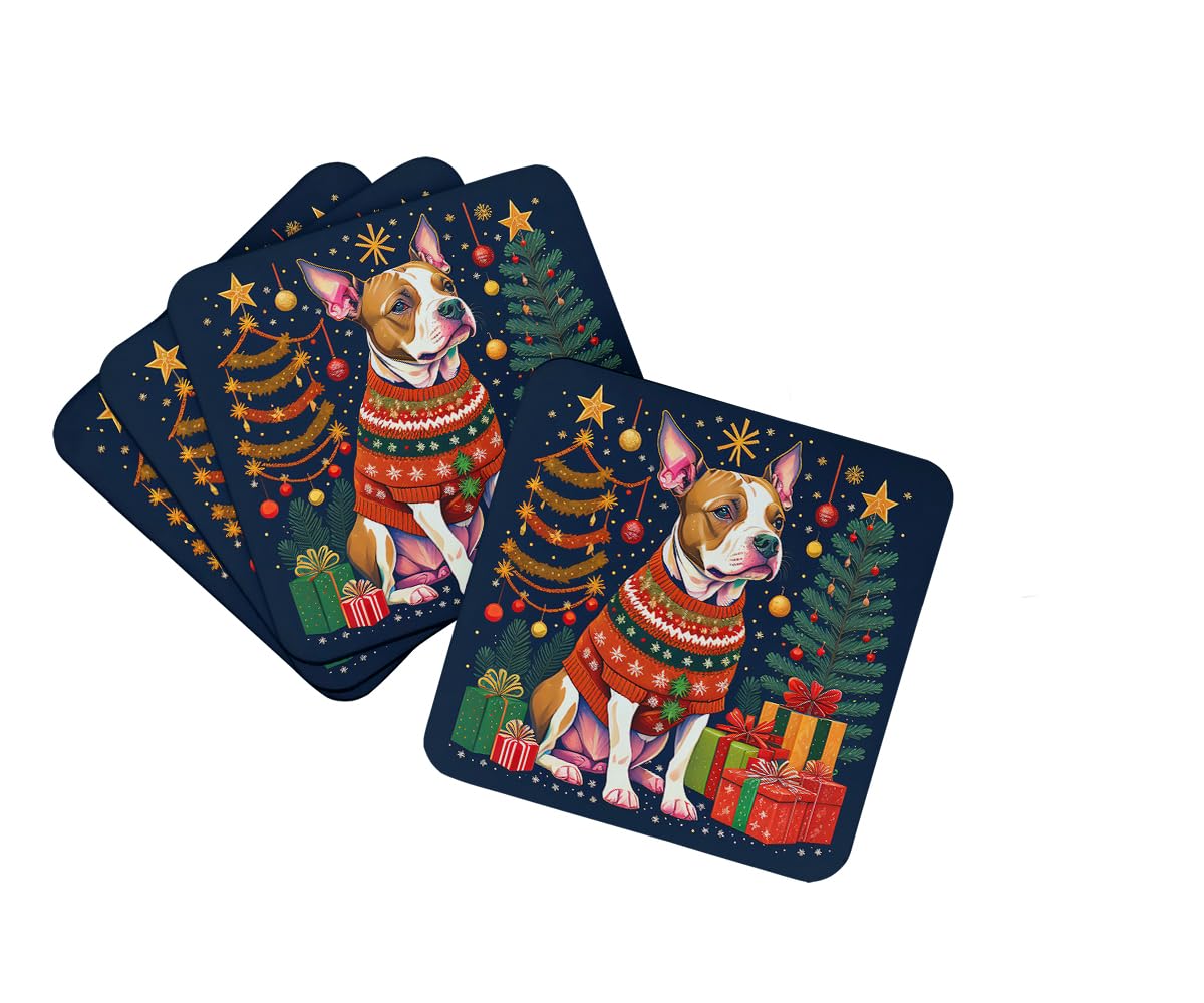 Carolines Treasures Pit Bull Terrier Christmas Foam Coaster Set of 4 Cup Coasters for Indoor and Outdoor, Coaster for Tabletop Protection, Anti Slip, Mouse pad Material