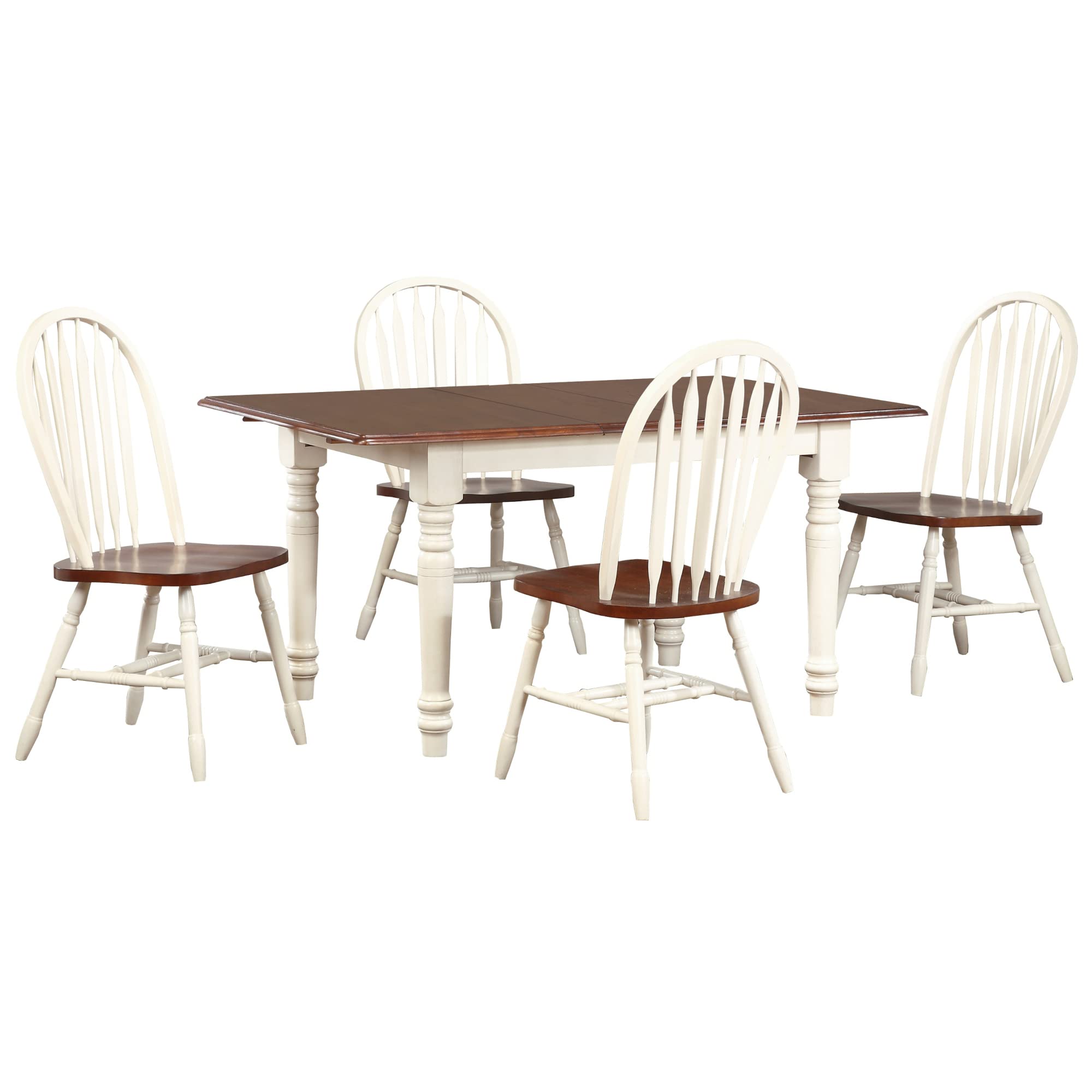 Sunset Trading Andrews 5 Piece 60 Rectangular Extendable Dining Set with 4 Arrowback Chairs | Butterfly Leaf Table | Antique White and Chestnut Brown | Seats 6"