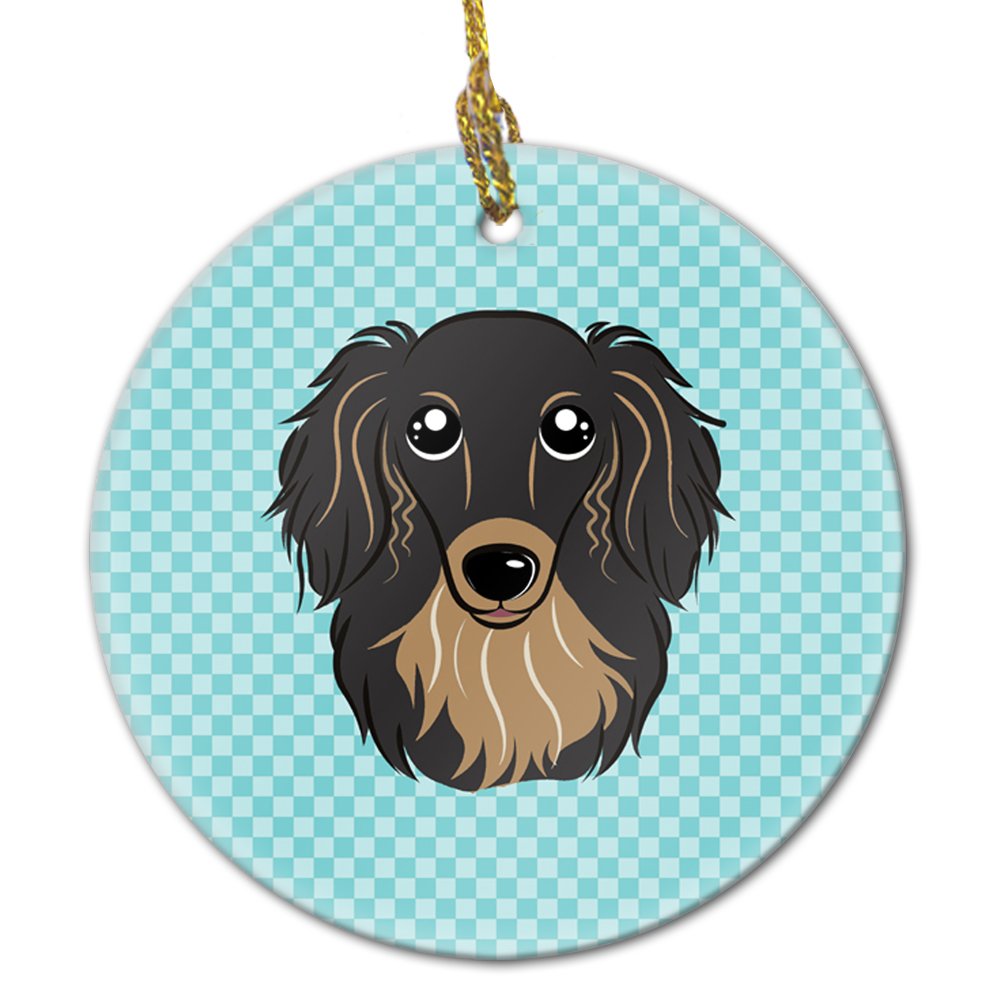 Checkerboard Blue Longhair Black and Tan Dachshund Ceramic Ornament BB1151CO1