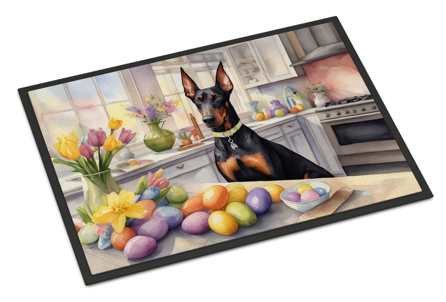 Carolines Treasures DAC6802JMAT Decorating Easter Doberman Pinscher Doormat Front Door Mat Indoor Outdoor Rugs for Entryway, Non Slip Washable Low Pile, 24H X 36W