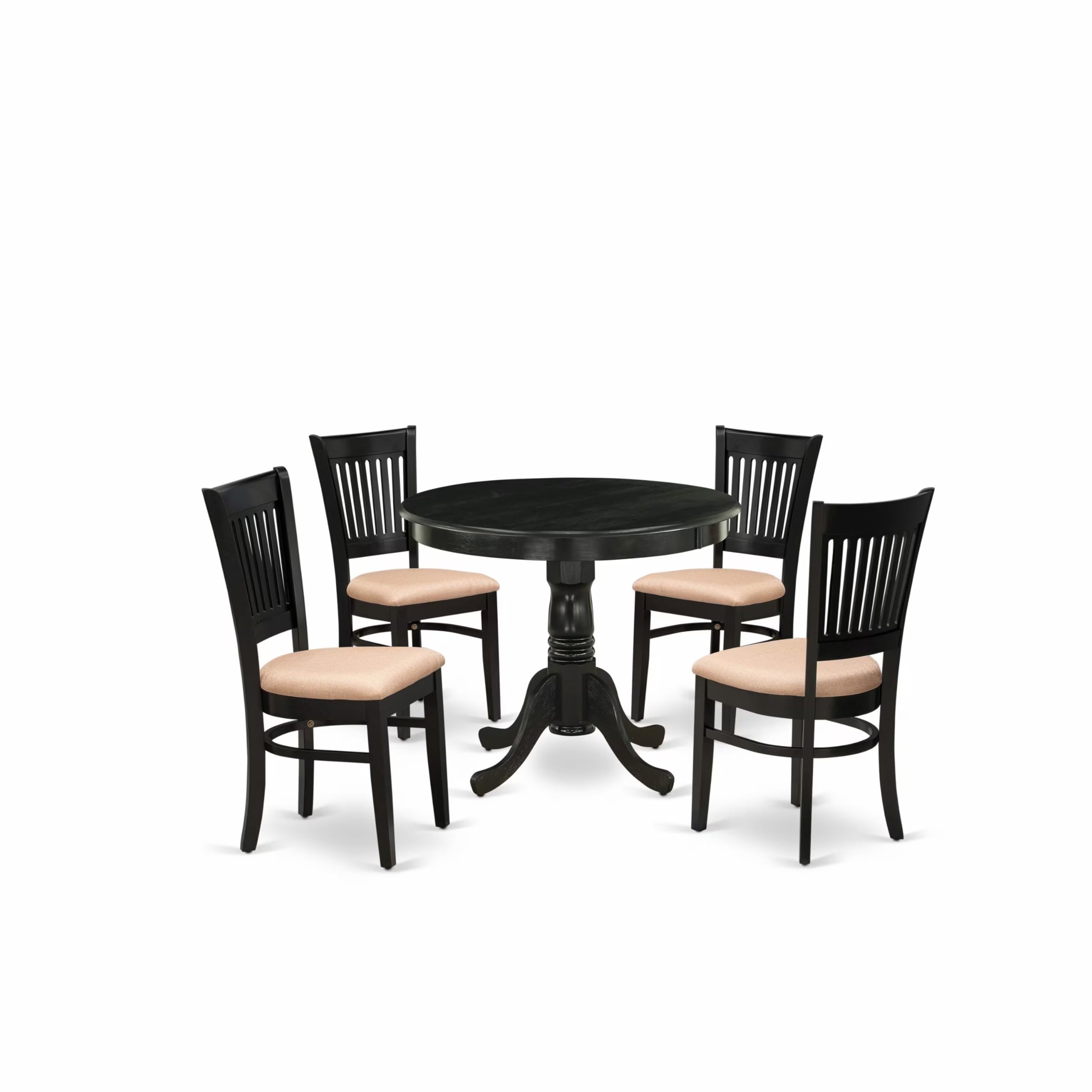 East West Furniture - ANVA5-BLK-C - 5-Pc Dinette Room Set- 4 Wooden Chair and Modern Dining Room Table - Linen Fabric Seat and Slatted Chair Back - Black Finish
