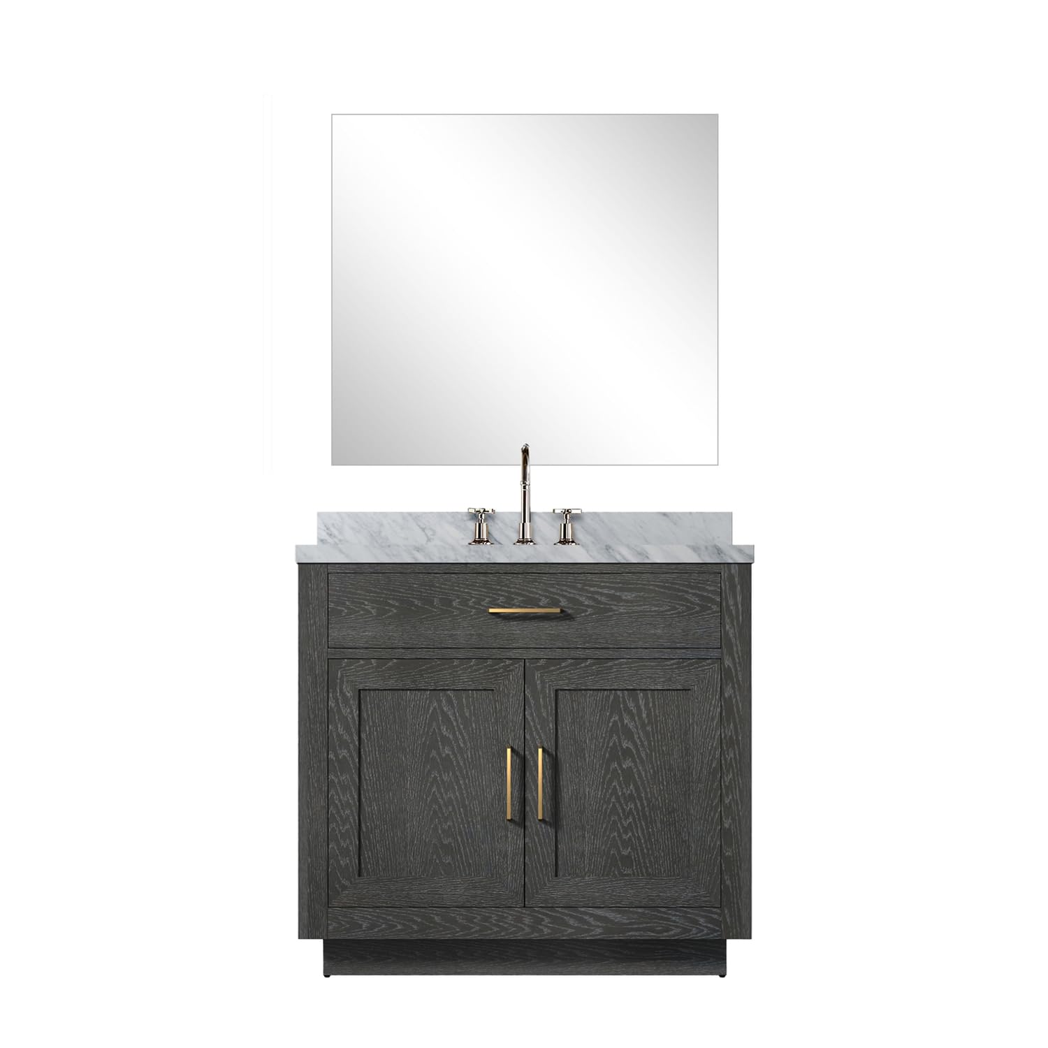 Abbey 36 in W x 22 in D Black Oak Single Bath Vanity Carrara Marble Countertop, 34 in Mirror and Faucet Set