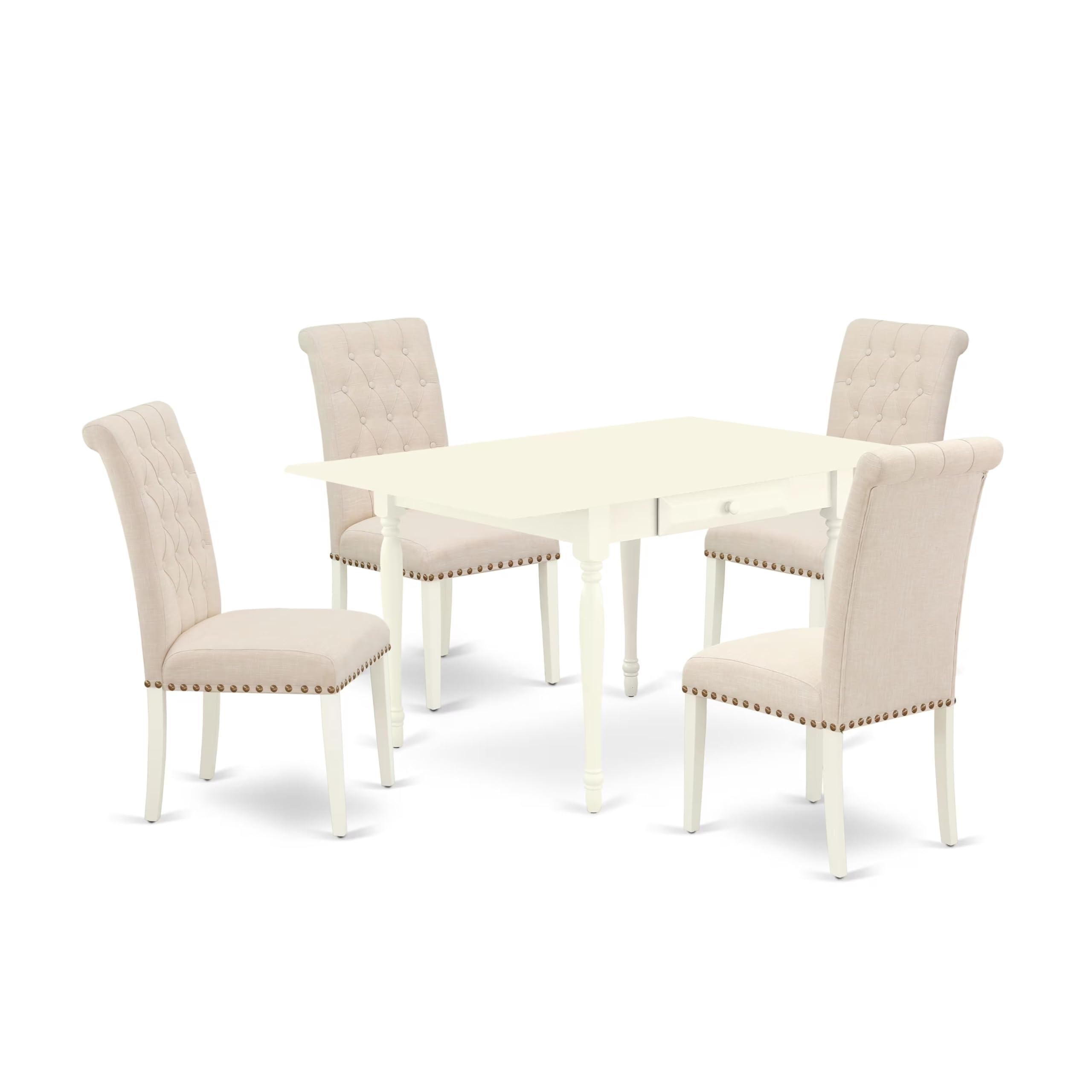 1MZBR5-LWH-02 3Pc Dining Room Set - Rectangular Table and 4 Parson Dining Chairs - Linen White Color