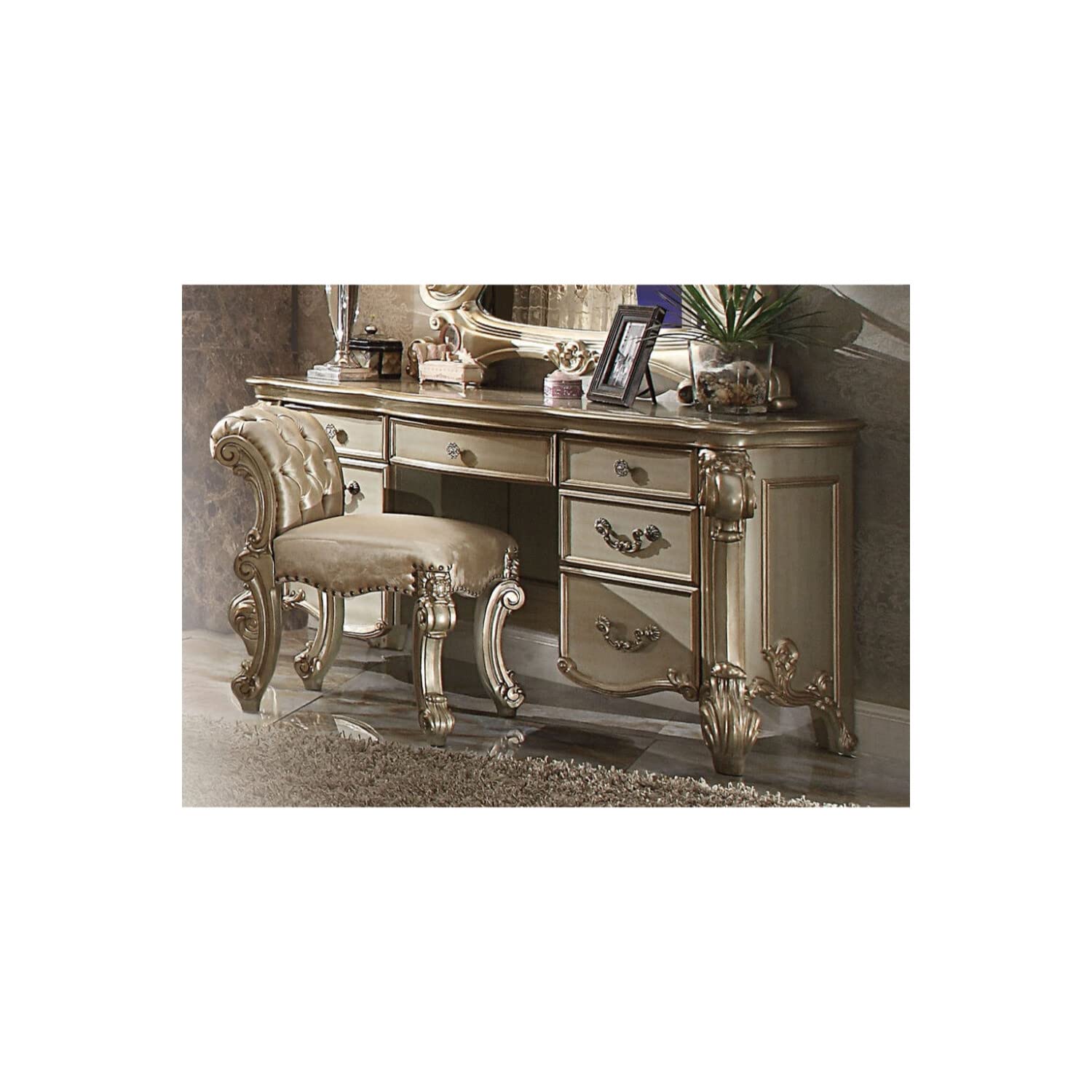 Wooden Vanity Desk with Scrolled Poster Legs, Patina Gold & Bone White