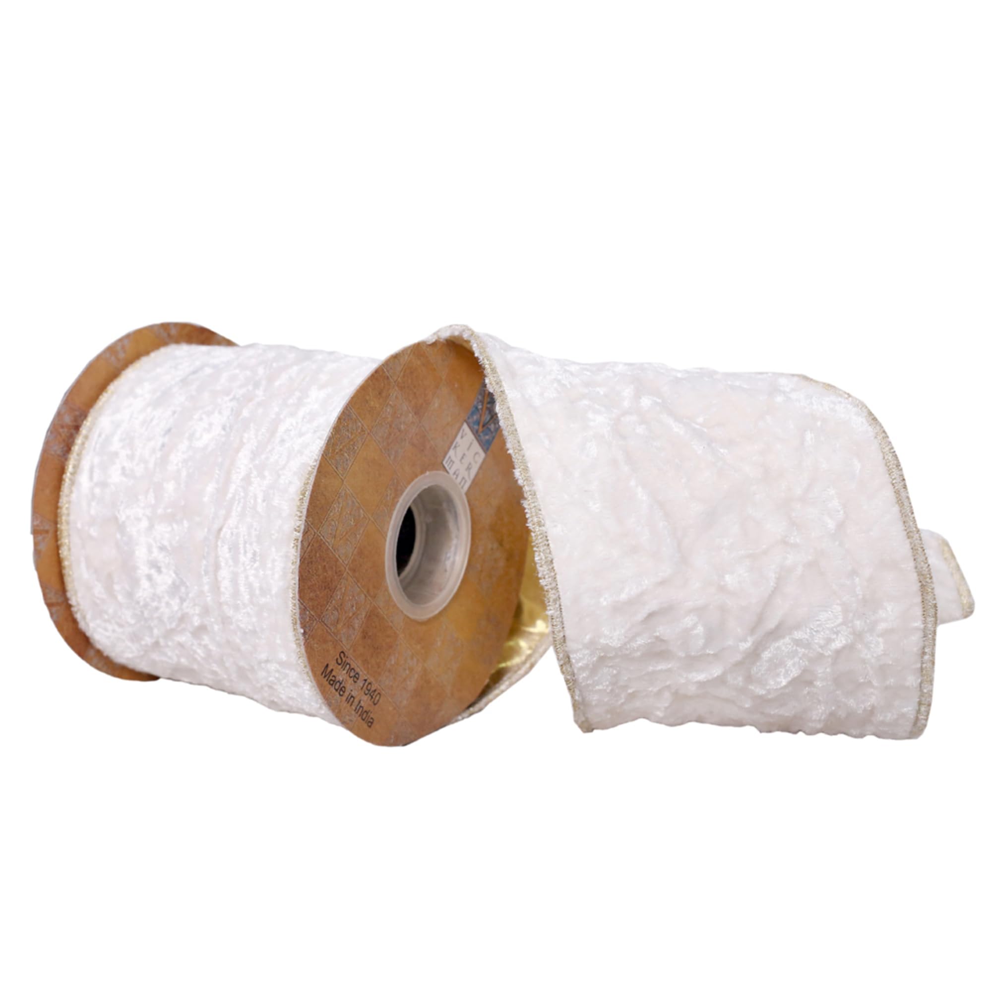 Casafoyer  4” x 5 Yards White Crushed Velvet Wired Edge Christmas Ribbon. - (Pack Of 2)