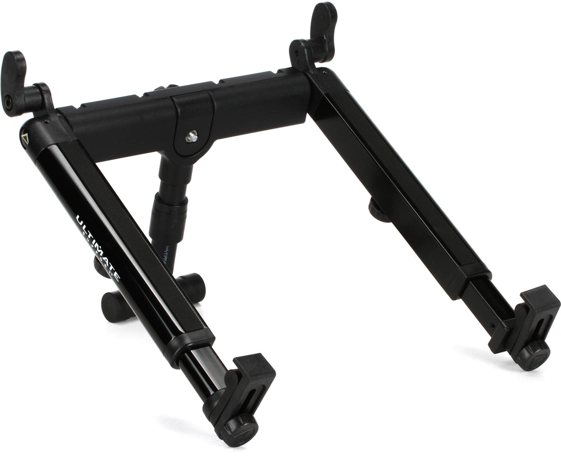 Dynamic laptop stand that mounts to any 5/8-in threaded stand to such as a microphone stand or an Ultimate Support APEX AX-48 Pro keyboard stand