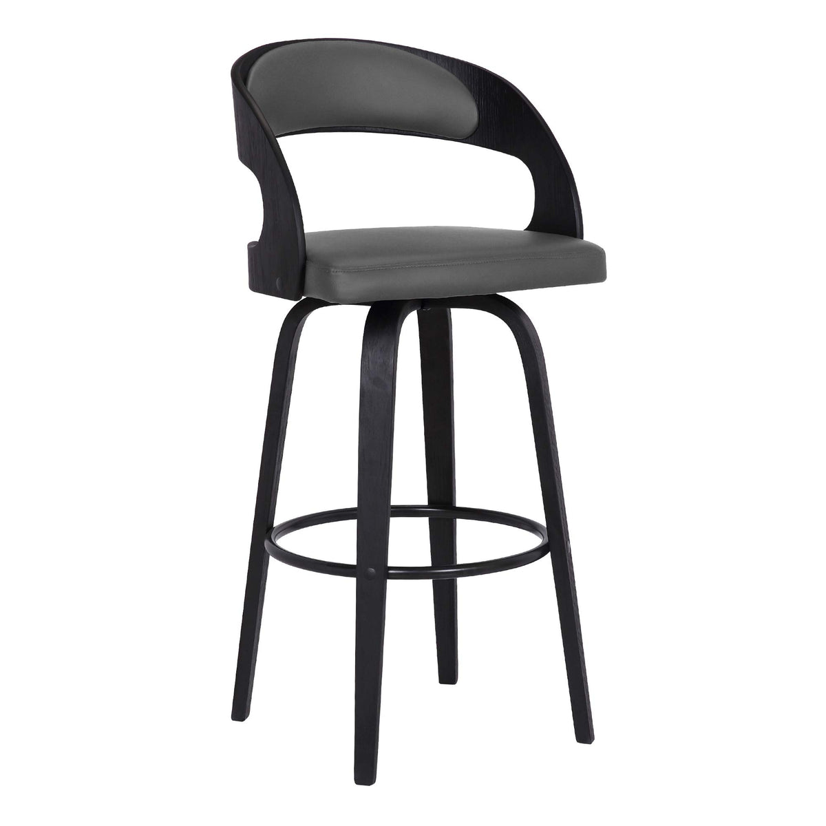 Casafoyer Shelly Contemporary 30' Bar Height Swivel Barstool In Black Brush Wood Finish And Grey Faux Leather-, Comfortable, And Fashion Forward'