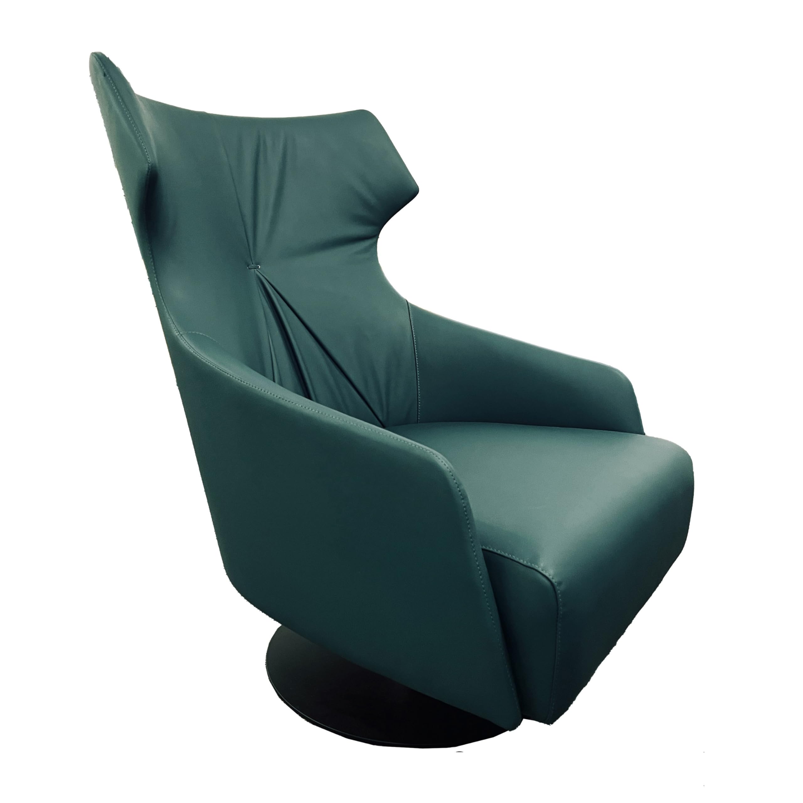 Leni 35 Inch Swivel Accent Chair, Tall Back, Green Real Leather Upholstery