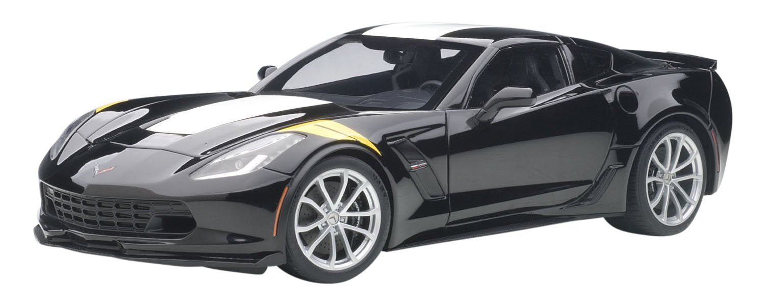 2017 Chevrolet Corvette C7 Grand Sport Black with White Stripe and Yellow Fender Hash Marks 1/18 Model Car by Autoart