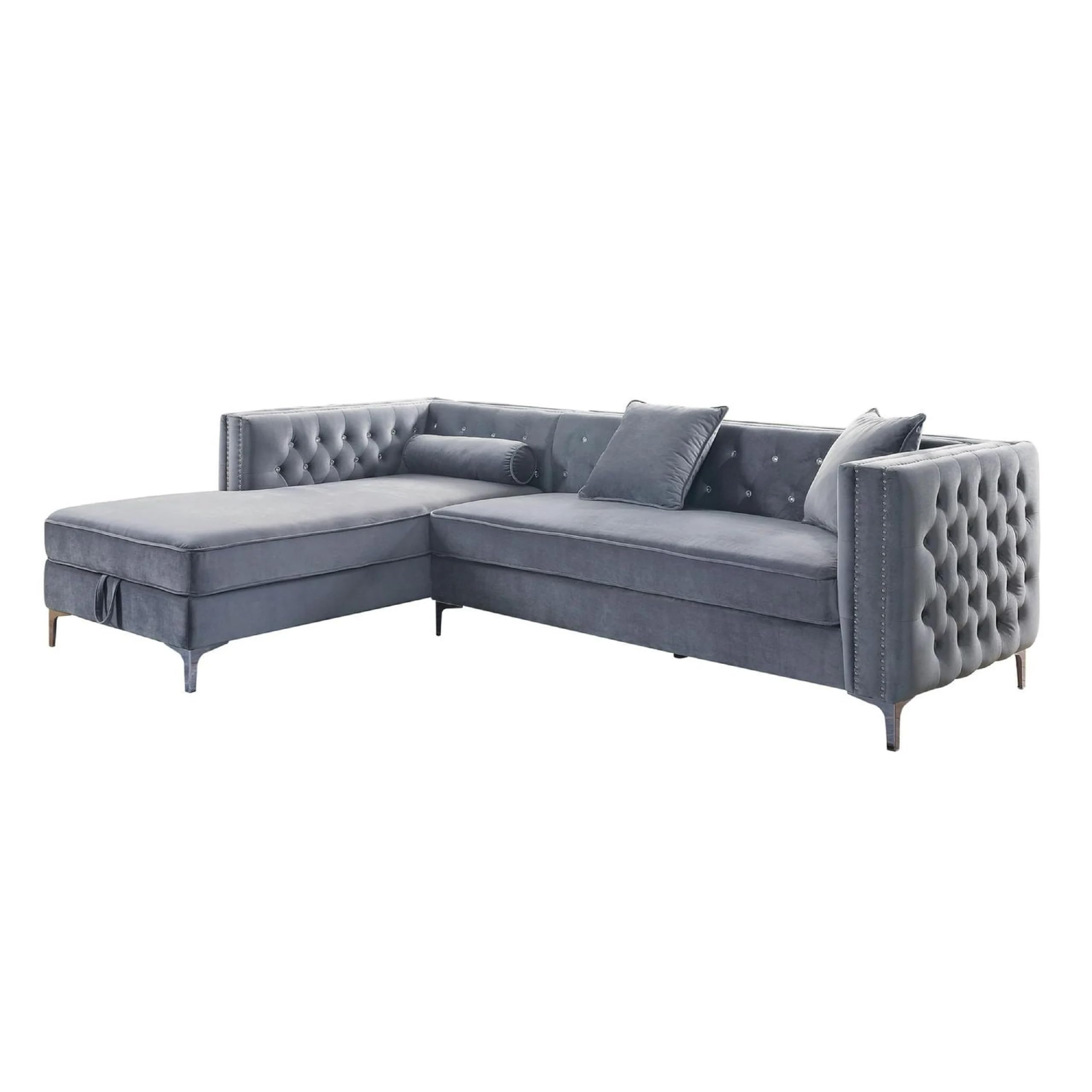 Amna Sectional Sofa, Storage Chaise, Gray Tufted Flannelette, 108 Inch