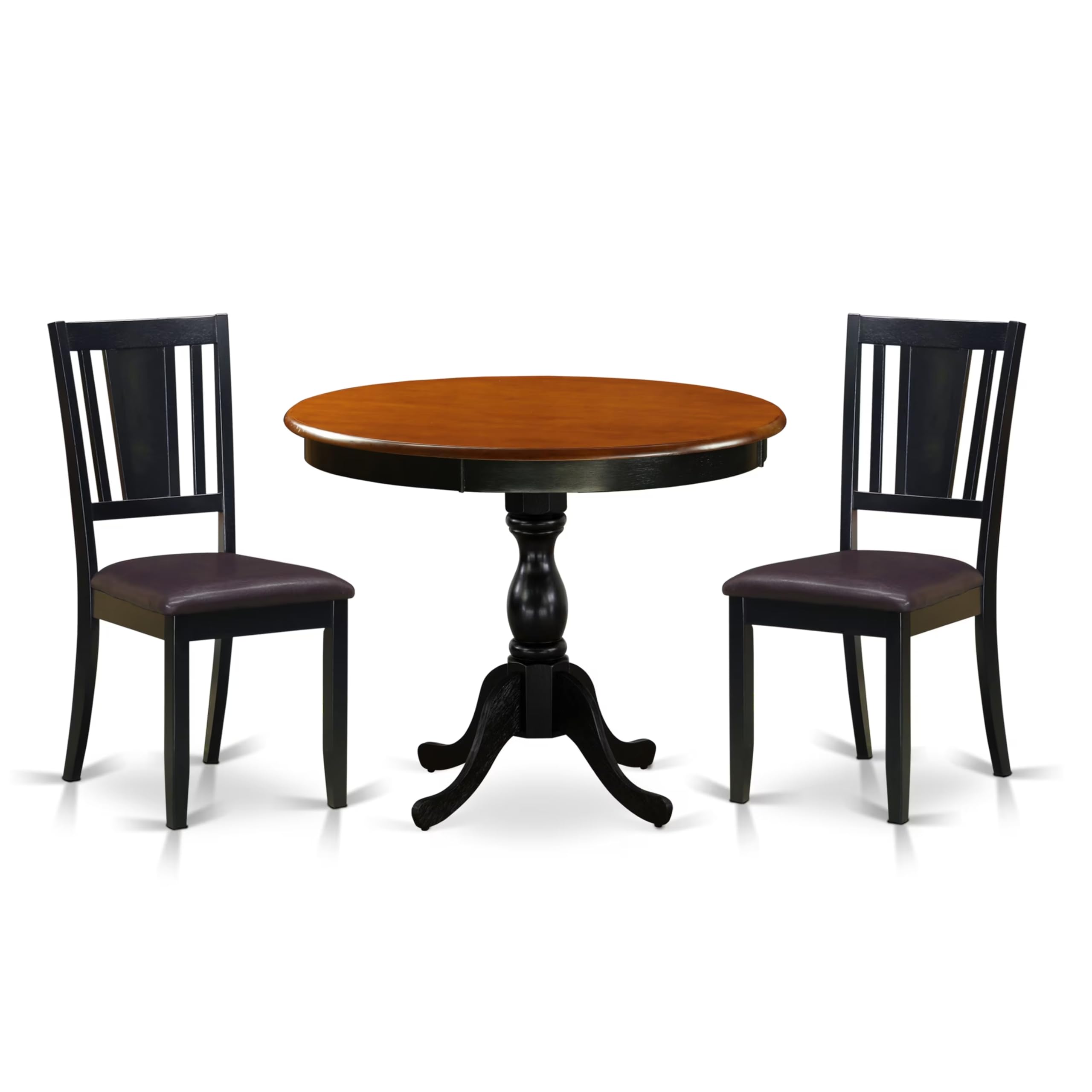 East West Furniture AMEL3-BCH-21 3-Pc Dining Table Set Includes a Wooden Dining Table and 2 Blue Linen Fabric Parson Chairs with Button Tufted Back - Black Finish