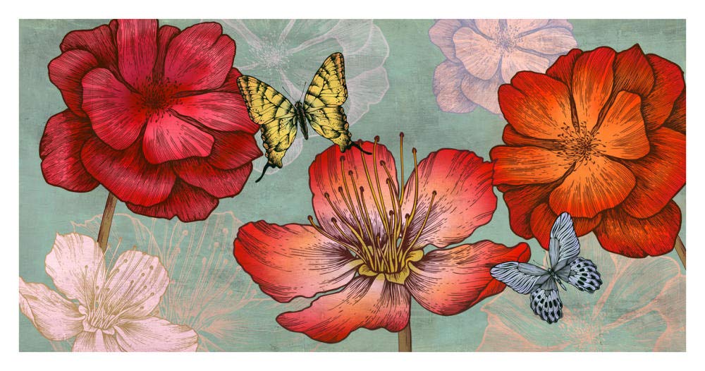 Flowers and Butterflies (Aqua)-Paper Art-38x20”