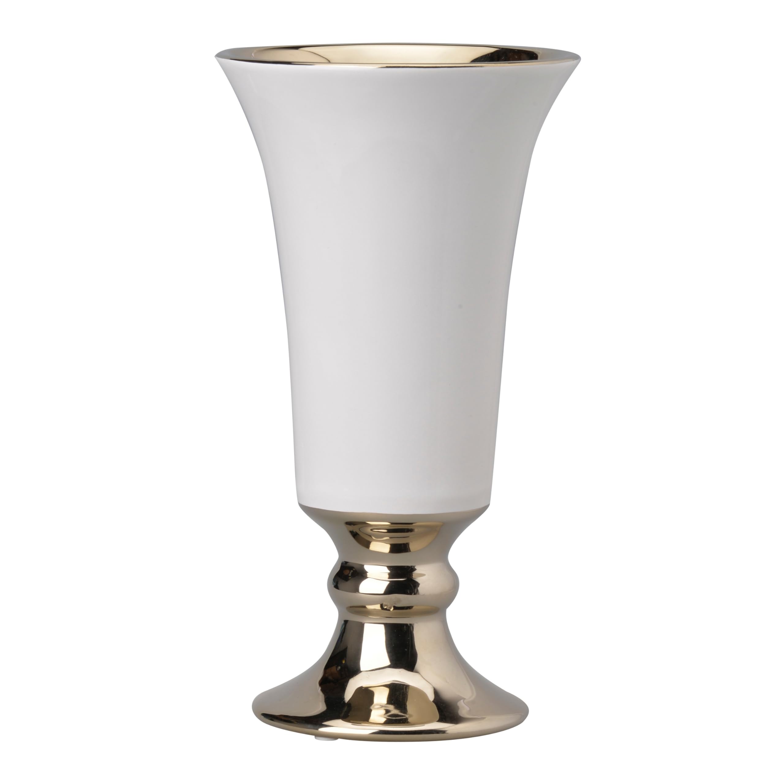 Ceramic Vase with Flared Top and Pedestal Base, Large, White and Gold