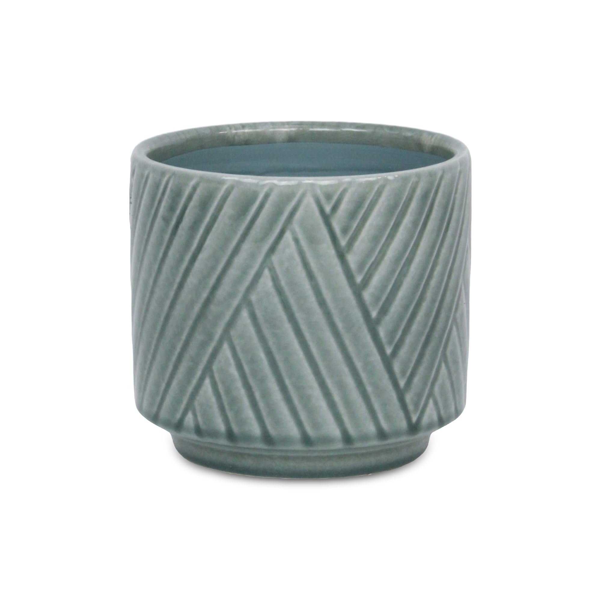 Parlora Crossed Diagonal Pattern Straight Side Ceramic Pot - Medium - Green