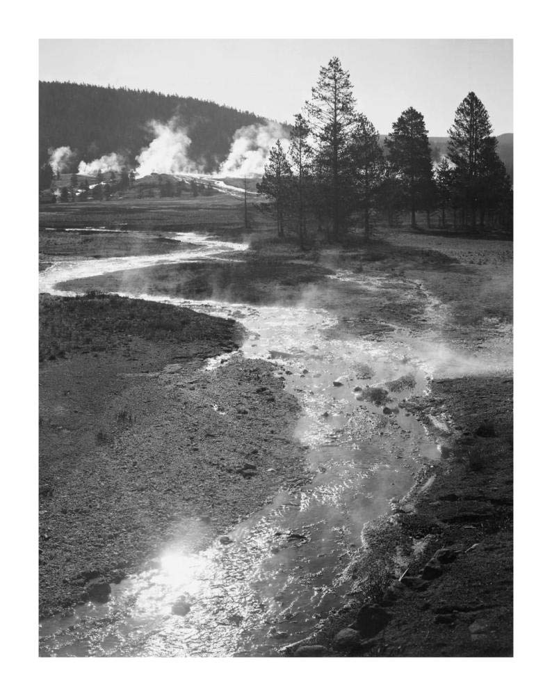 Stream winding back toward geyser, Central Geyser Basin, Yellowstone National Park, Wyoming, ca. 1941-1942-Paper Art-14x18”