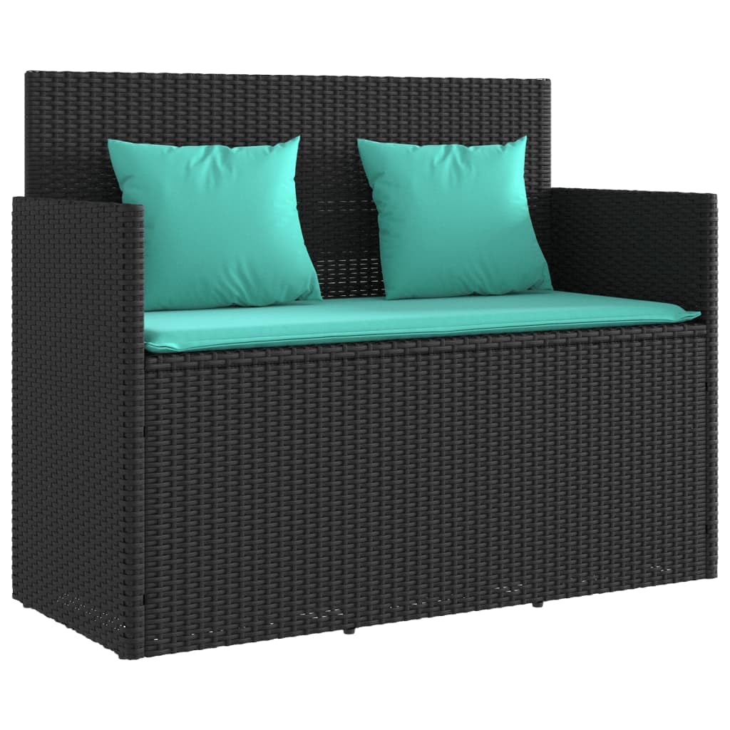 Vidaxl Outdoor Loveseat Bench With Cushions - Black Poly Rattan Storage Seat - Patio Furniture With Water-Resistant Bag And Removable Covers - 47.2' W