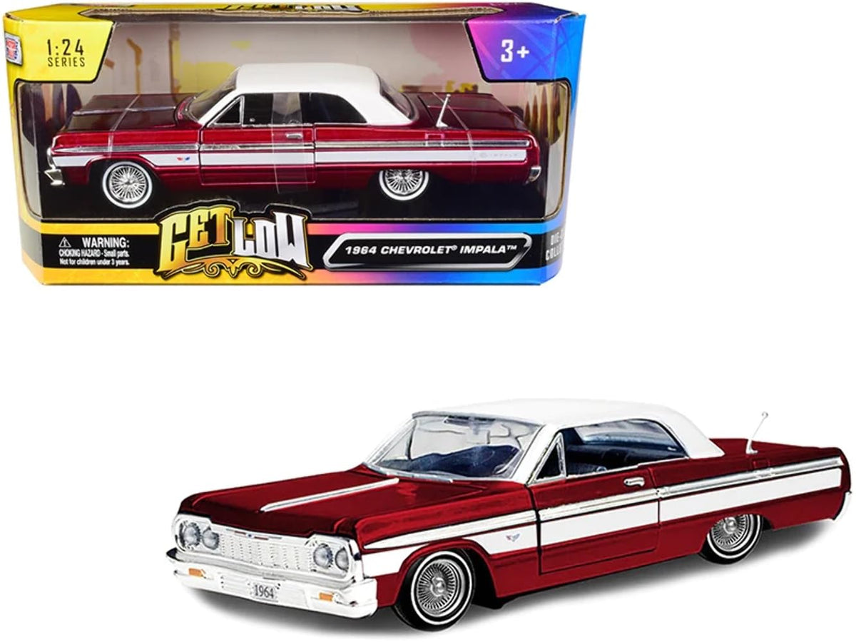 1964 Chevy Impala Lowrider Hard Top Candy Red Metallic With White Top Get Low Series 1/24 Diecast Model Car By Motormax 79021
