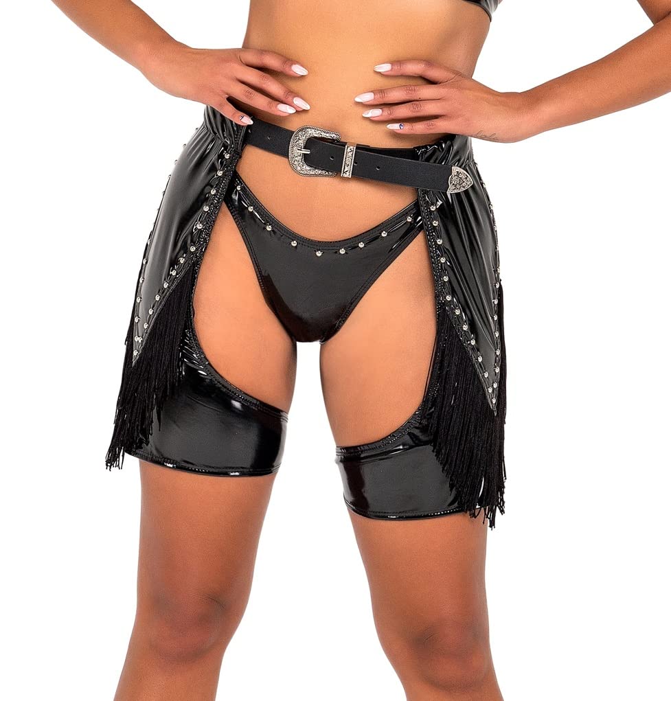 6128 - Studded Vinyl Chaps with Fringe Detail - Small / Black