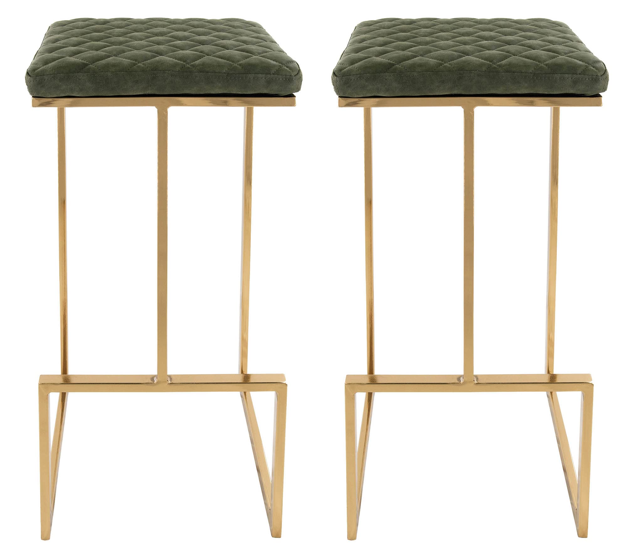 Leisuremod Quincy Quilted Stitched Leather Kitchen Counter Bar Stools With Gold Metal Frame Set Of 2 (Olive Green)