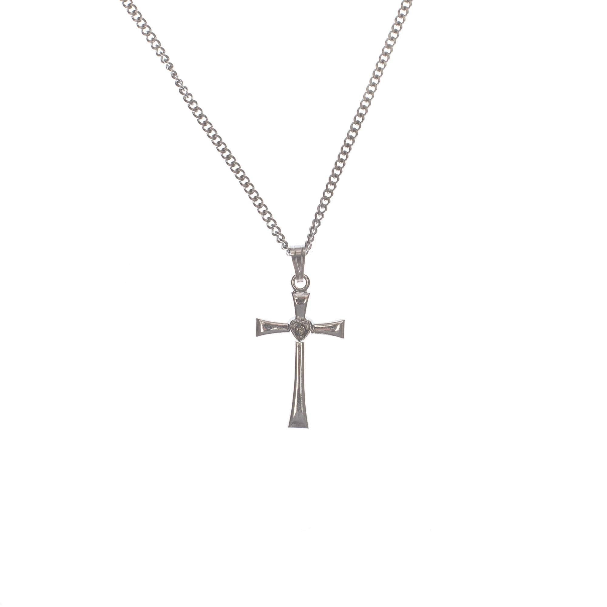 Silver Plated Cross With Heart Stone Necklace
