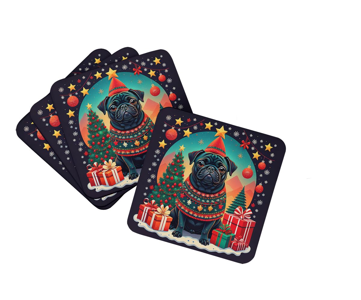 Carolines Treasures Black Pug Christmas Foam Coaster Set of 4 Cup Coasters for Indoor and Outdoor, Coaster for Tabletop Protection, Anti Slip, Mouse pad Material