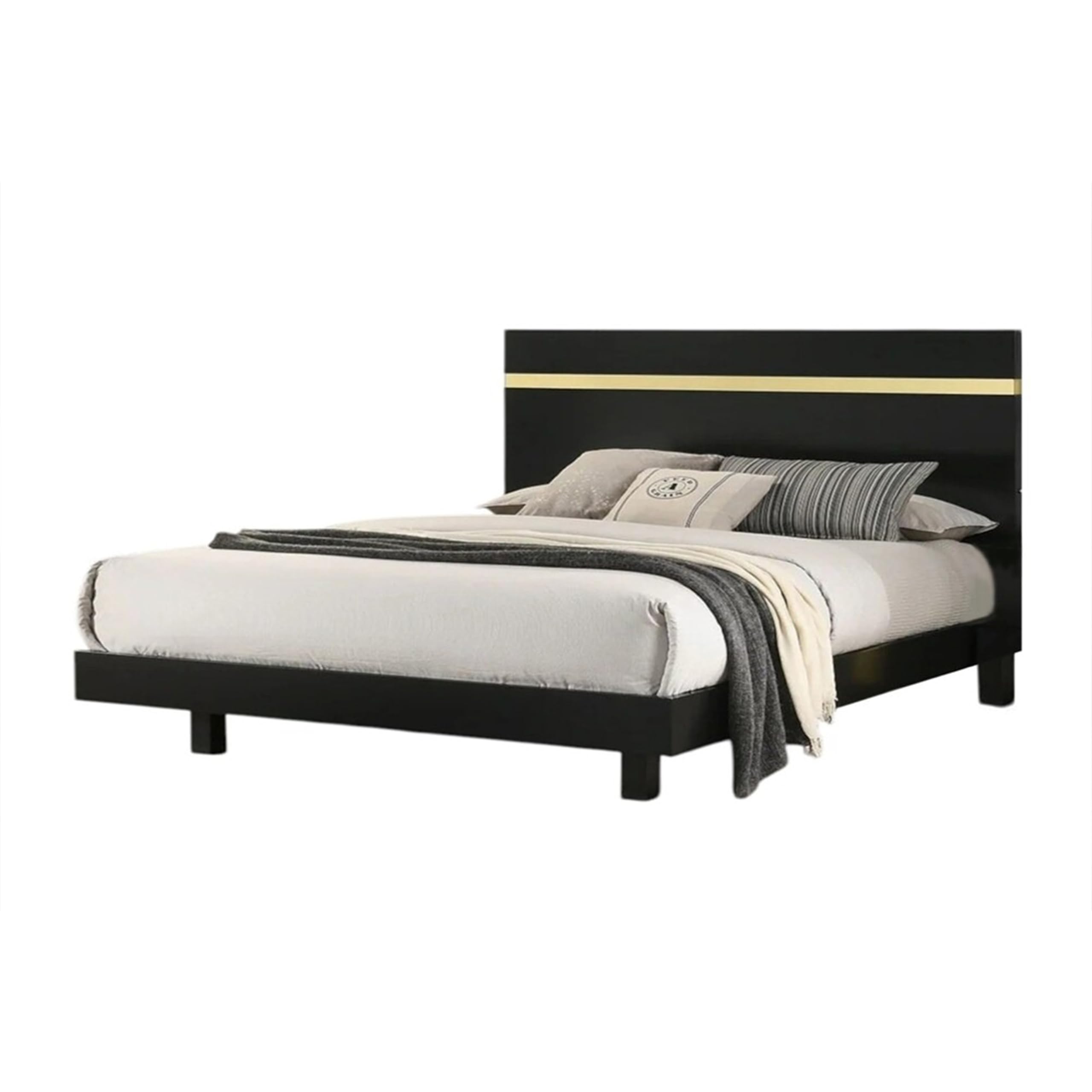 Yoki King Size Bed w Underbed LED, Acrylic Gold Trim, Black Frame