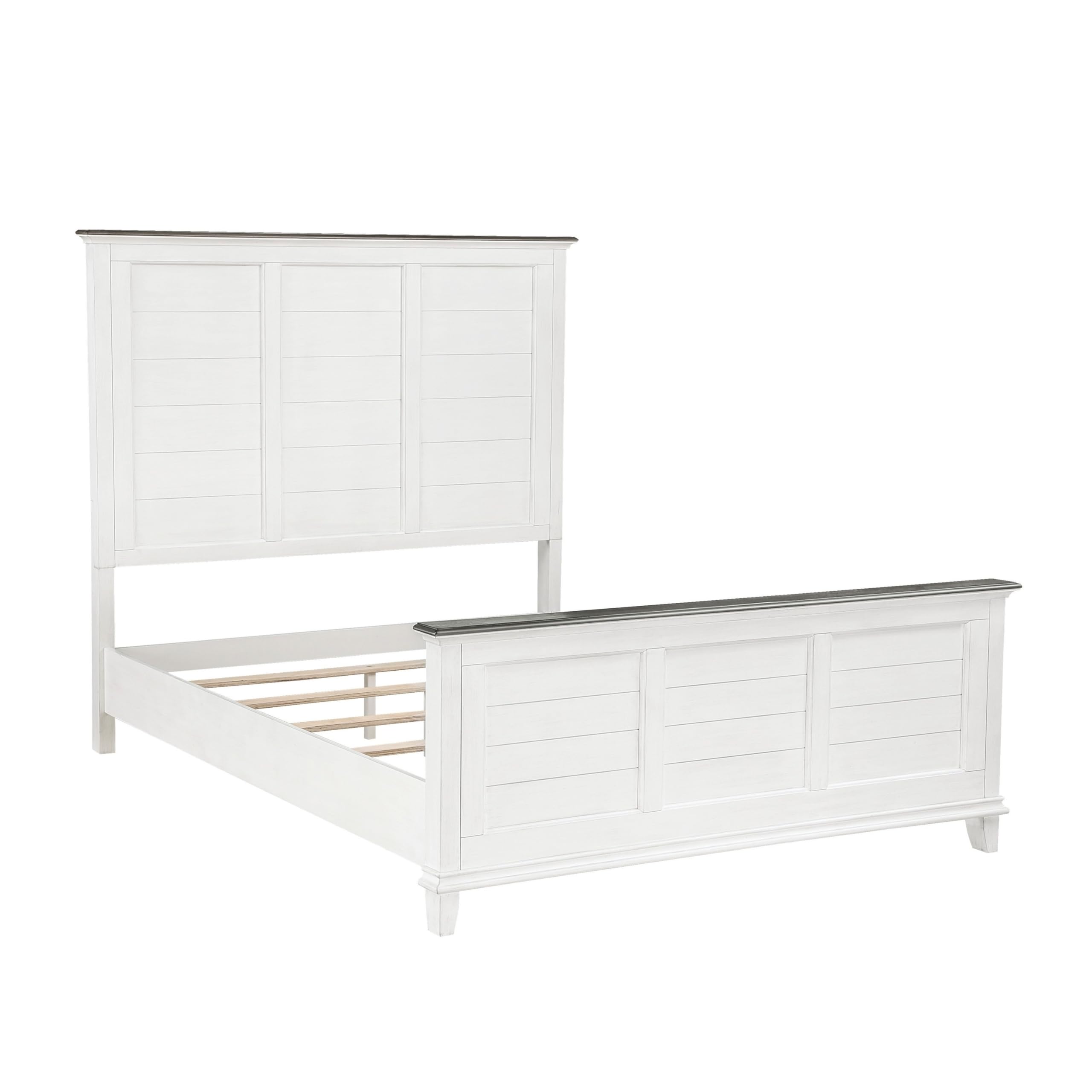 Woki Queen Size Bed, Solid Wood Panel Design, Farmhouse White and Brown