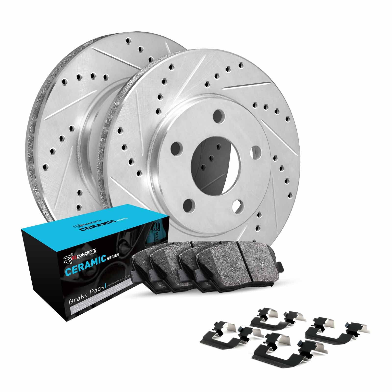 R1 Concepts Drilled and Slotted Silver Disc Brake Rotor Set with Ceramic Pads and Hardware WGWH1-74092