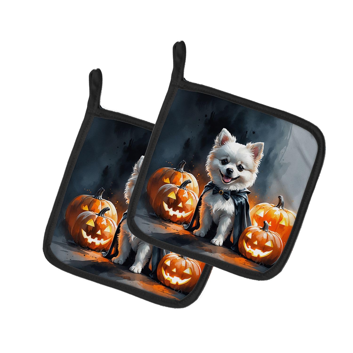 Carolines Treasures White Pomeranian Puppy Halloween Pair of Pot Holders Kitchen Heat Resistant Pot Holders Sets Oven Hot Pads for Cooking Baking BBQ, 7 1/2 x 7 1/2