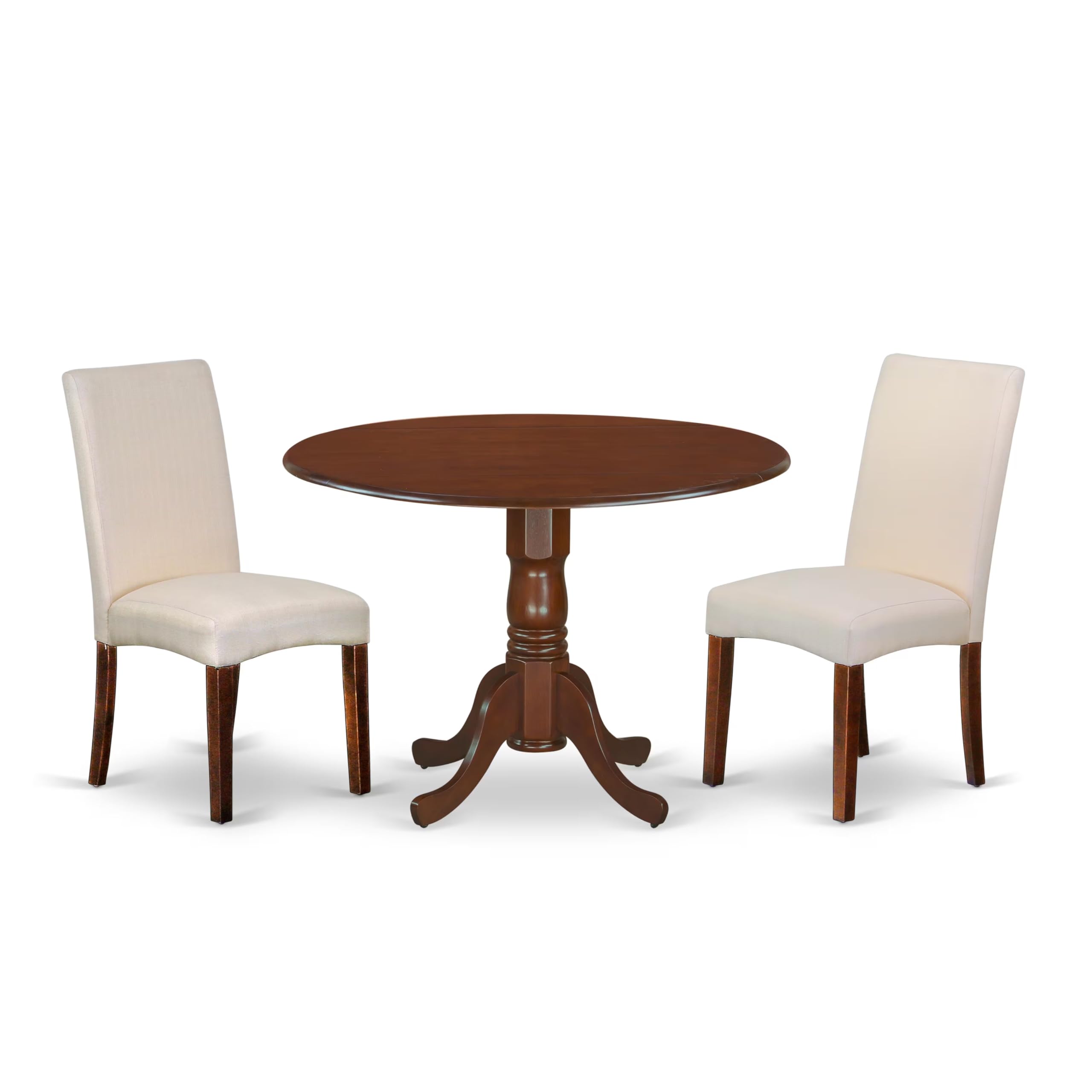 DLDR3-MAH-01 3Pc Round 42 Inch Dining Table With Two 9-Inch Drop Leaves And Two Parson Chair With Mahogany Finish Leg And Linen Fabric- Cream Color