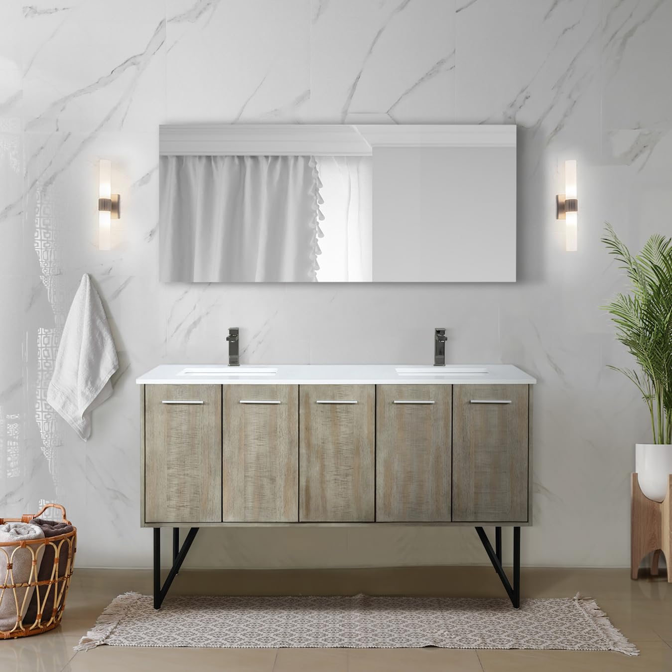 Rustic Acacia Double Bath Vanity 60 in. W x 20 in. D, Cultured Marble Top and Gun Metal Faucet Set