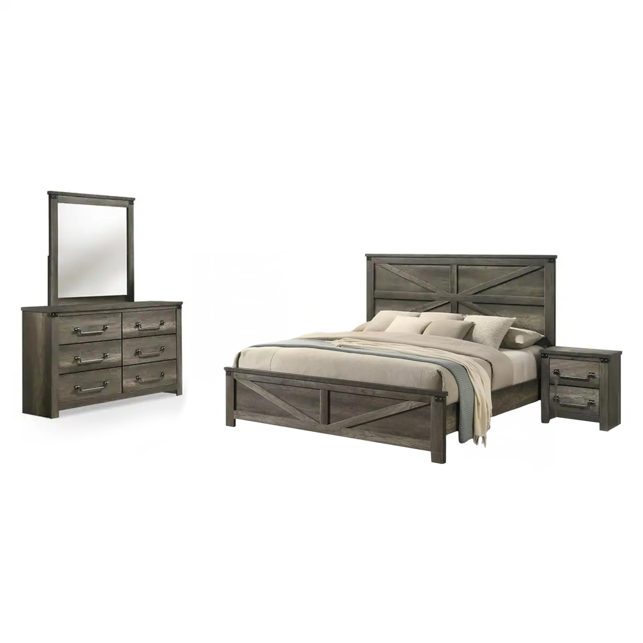 Bry 4pc Farmhouse Queen Complete Bedroom Set, Rustic Gray