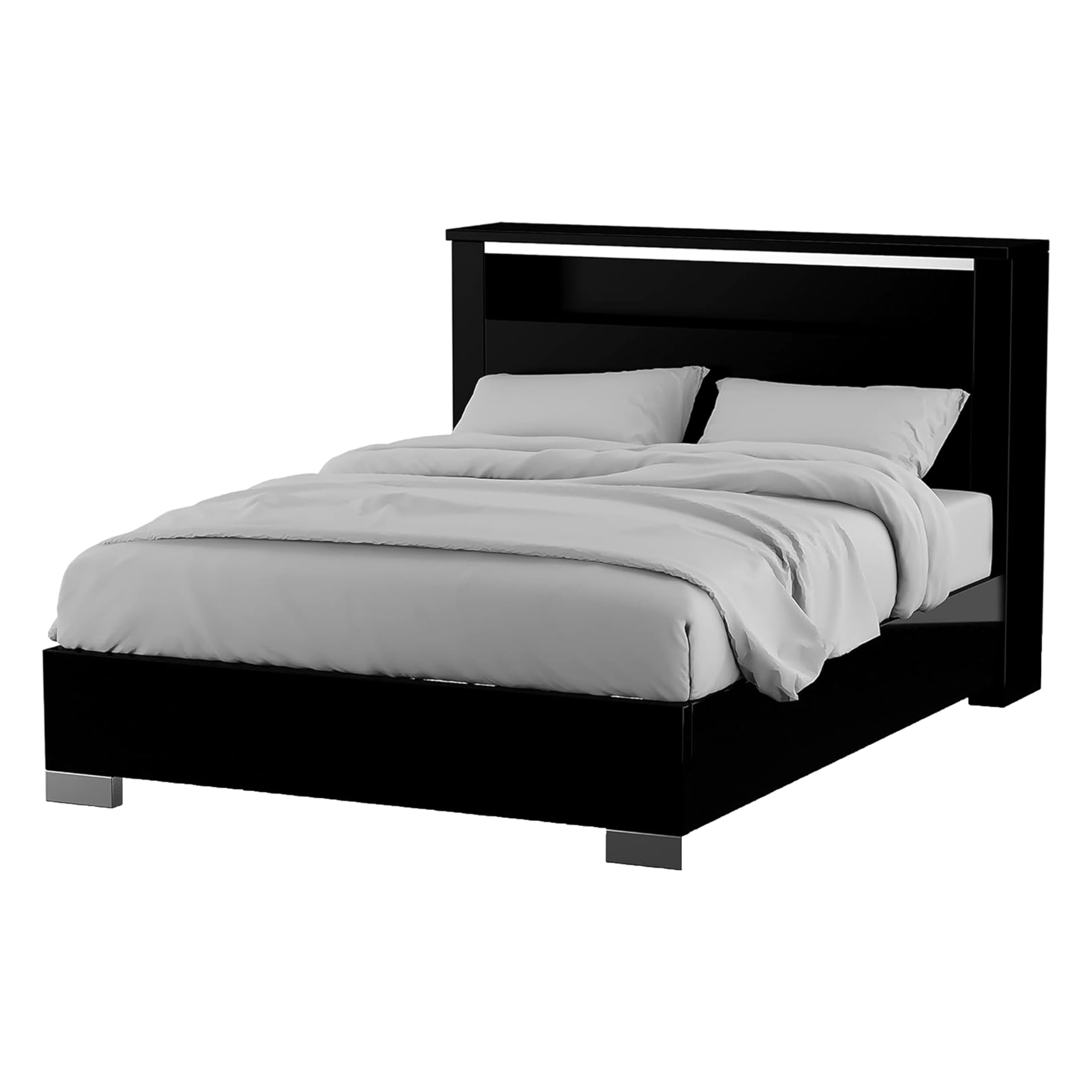Cari Queen Size Bed, LED Bookcase Headboard, Black and Chrome