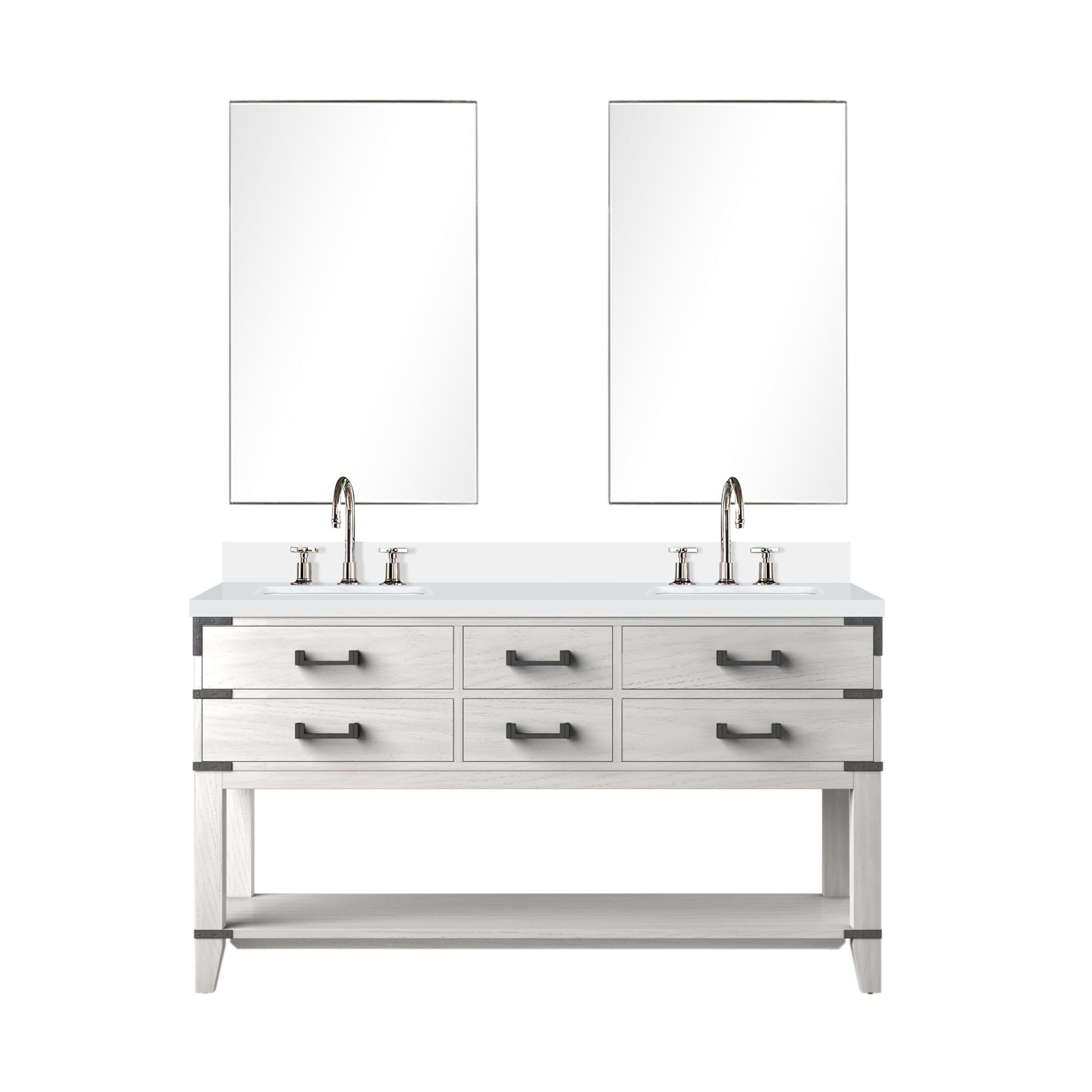 Norwalk 60 in W x 22 in D White Oak Double Bath Vanity, White Quartz Top, Faucet Set, and 28 in Mirrors