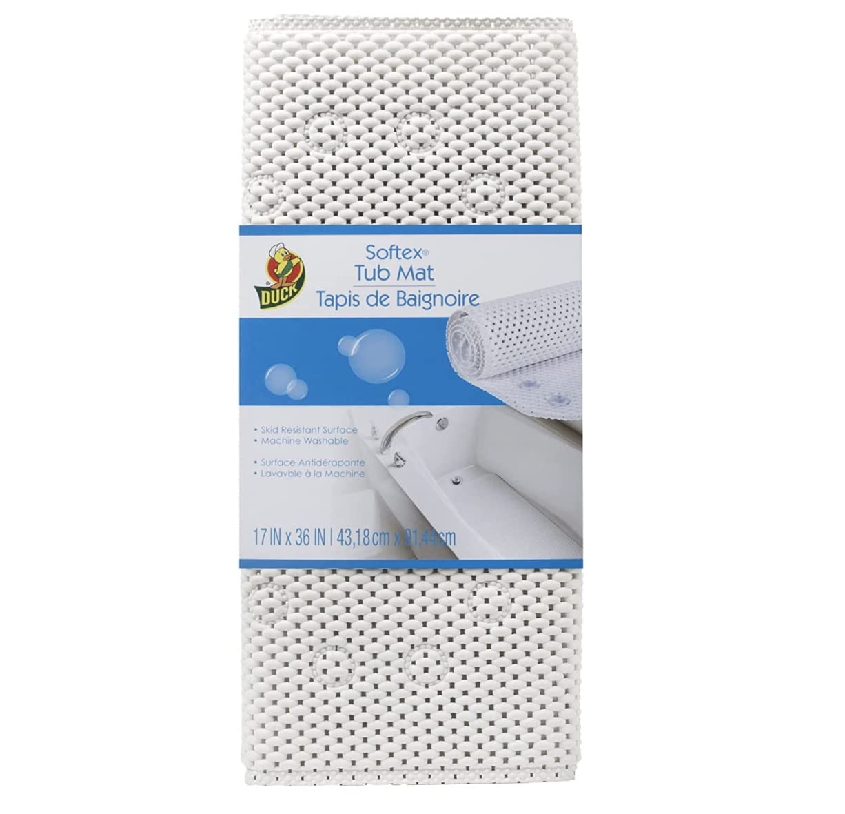 Duck Brand Softex Bath Mat For Tubs, Machine Washable, 17 X 36 Inches, White, Skid Resistant (393477)