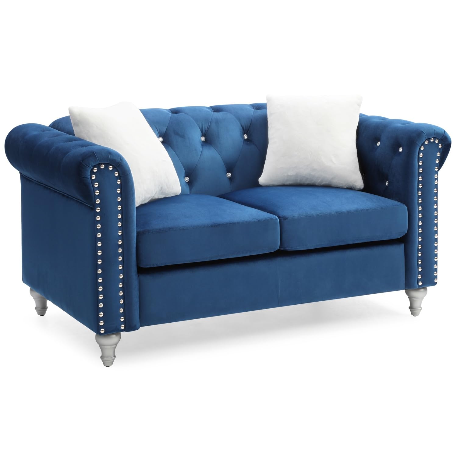 Raisa 60 in. Navy Blue Velvet 2-Seater Sofa with 2-Throw Pillow
