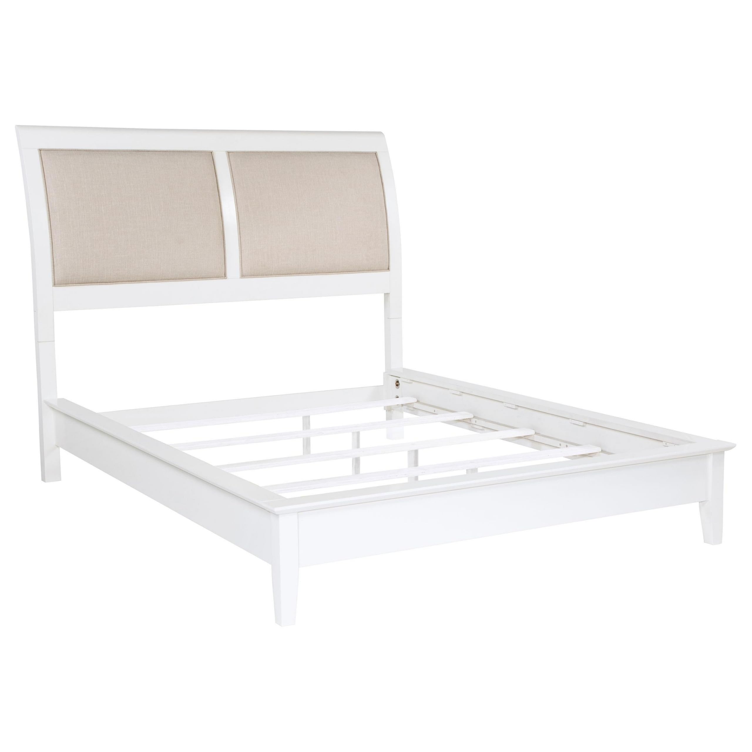 Heo Queen Size Bed, Sleigh Beige Upholstered Headboard, White Wood