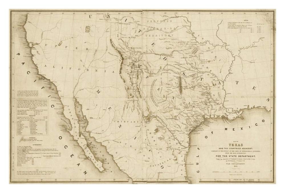 Map of Texas and the countries adjacent, 1844  - Decorative Sepia-Paper Art-32x22”