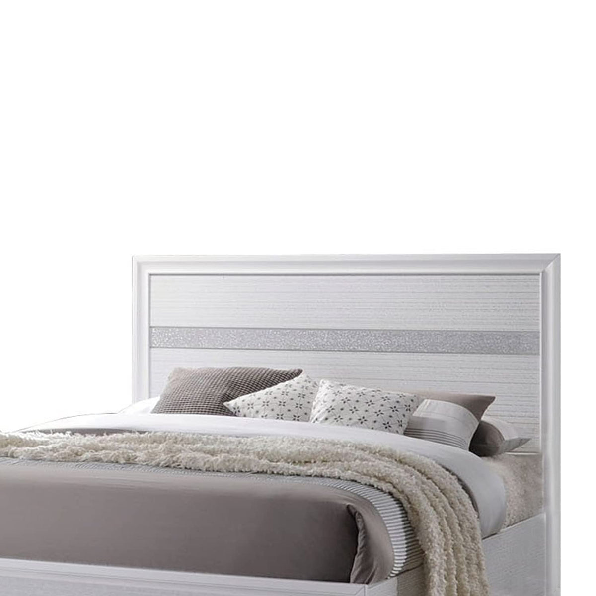 Benjara Wooden Twin Size Bed With Bracket Legs And Crystal Accented Headboard, White,