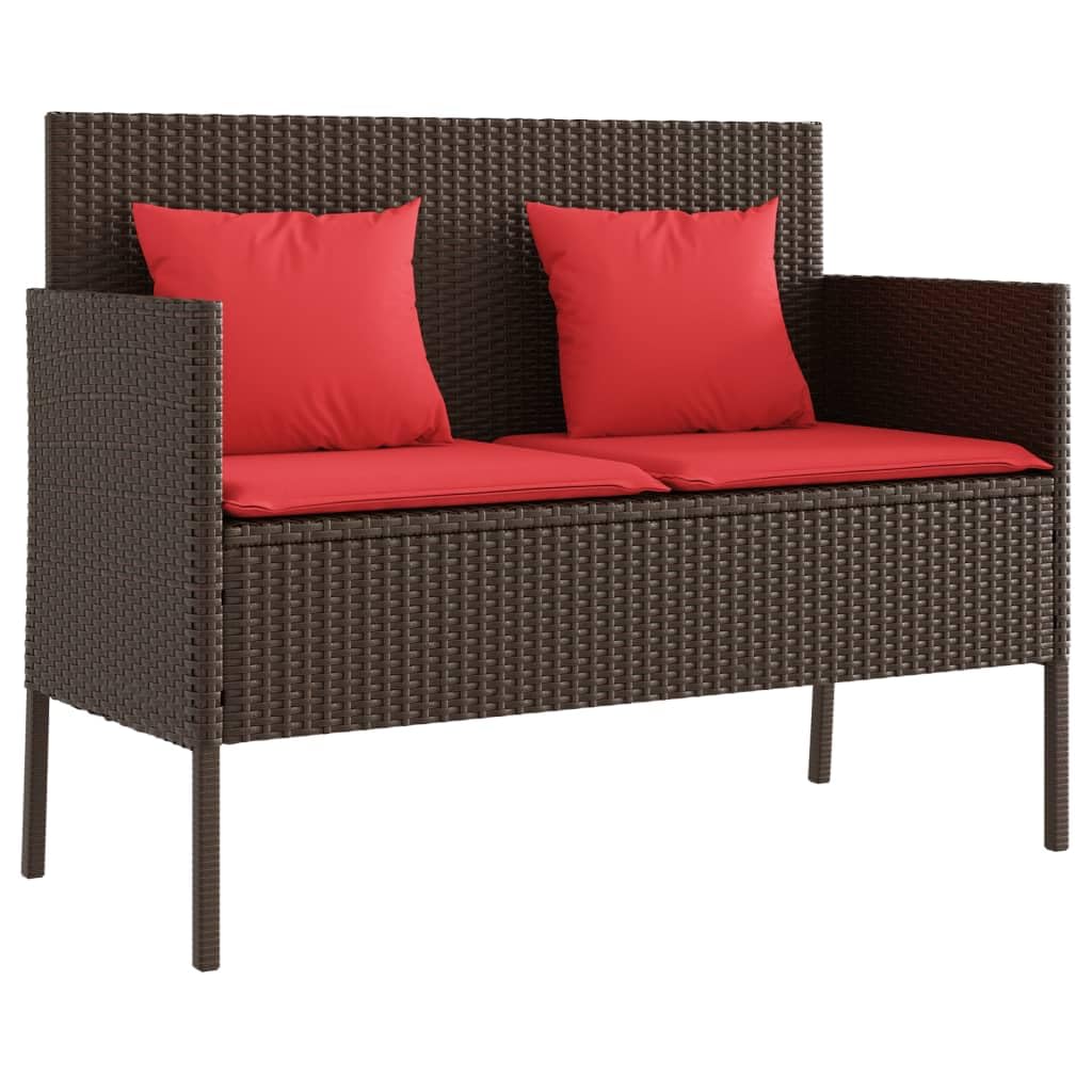 Vidaxl Outdoor Loveseat Patio Bench - Brown Poly Rattan With Red Cushions, Comfortable Seating & Storage, 44.5' Width, Modern Style