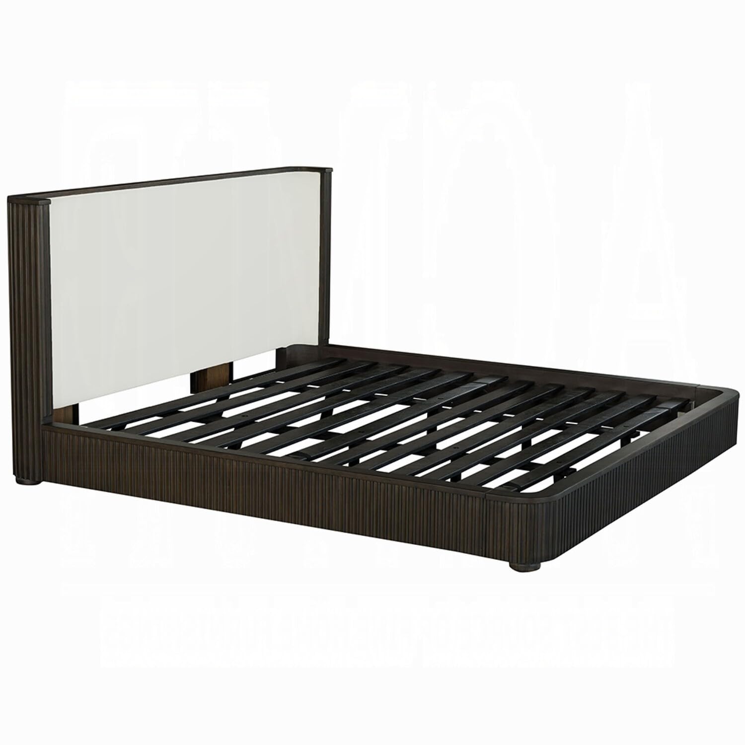 Jeh King Size Bed, White Upholstered, Espresso Brown Ribbed Details