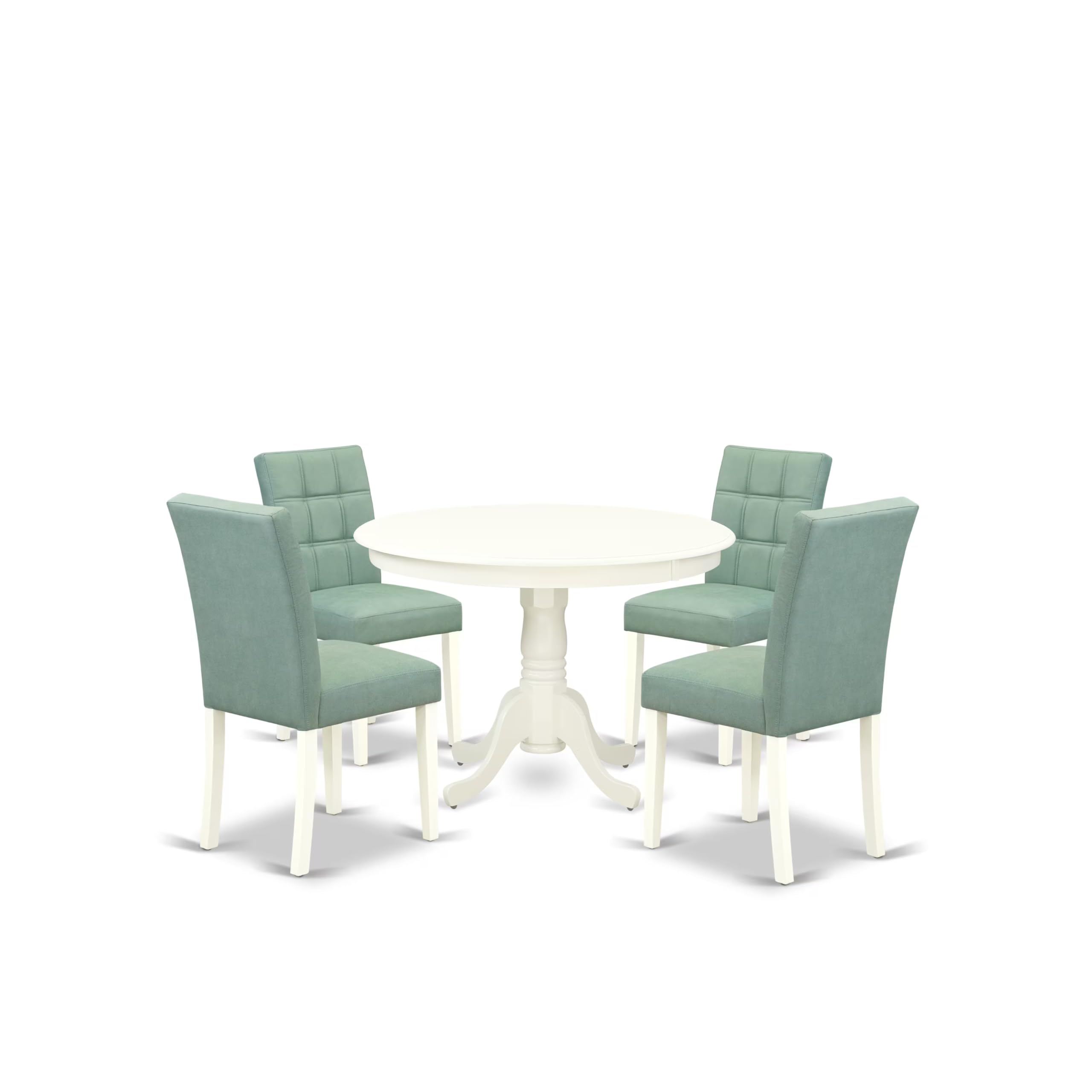 East West Furniture HLAS5-LWH-43 5 Piece Dining Room Table Set contain A Modern Kitchen Table and Willow Green Faux Leather 4 Modern Chairs, Linen White