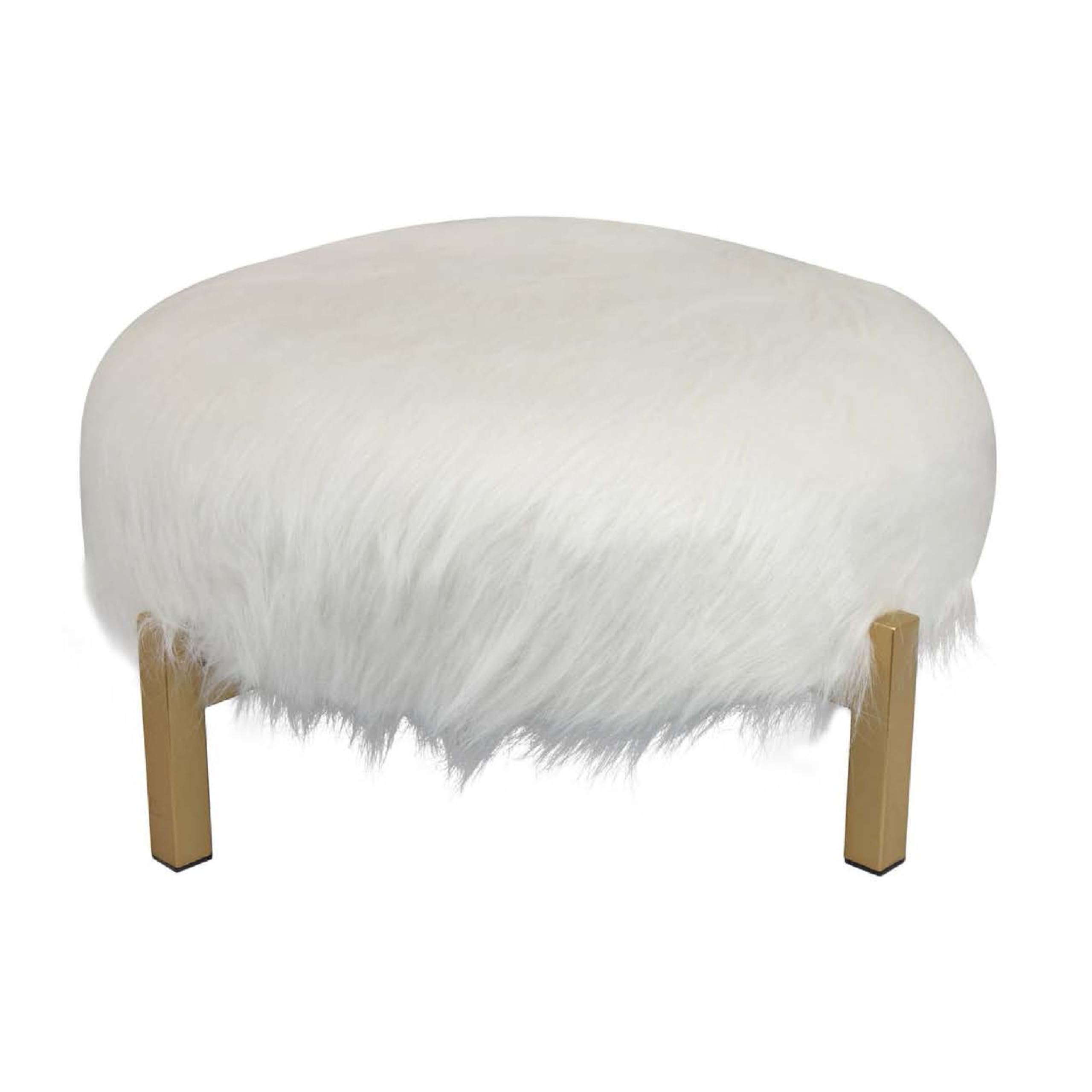 Accent Ottoman, Fur-Like Texture, 21 Inch White Fabric Upholstery
