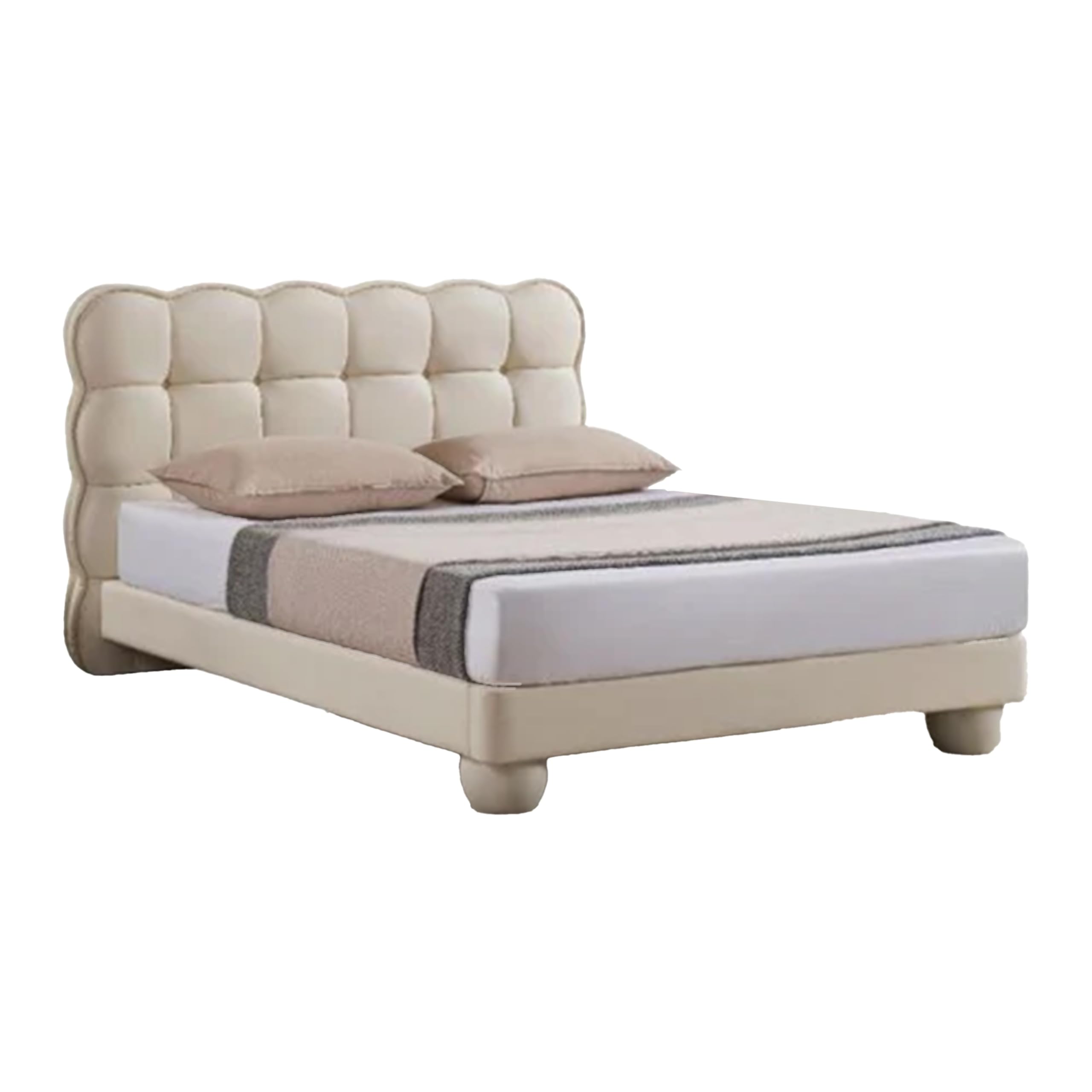 Alma Twin Bed, Off White Faux Leather Upholstery, Plush Tufted Headboard