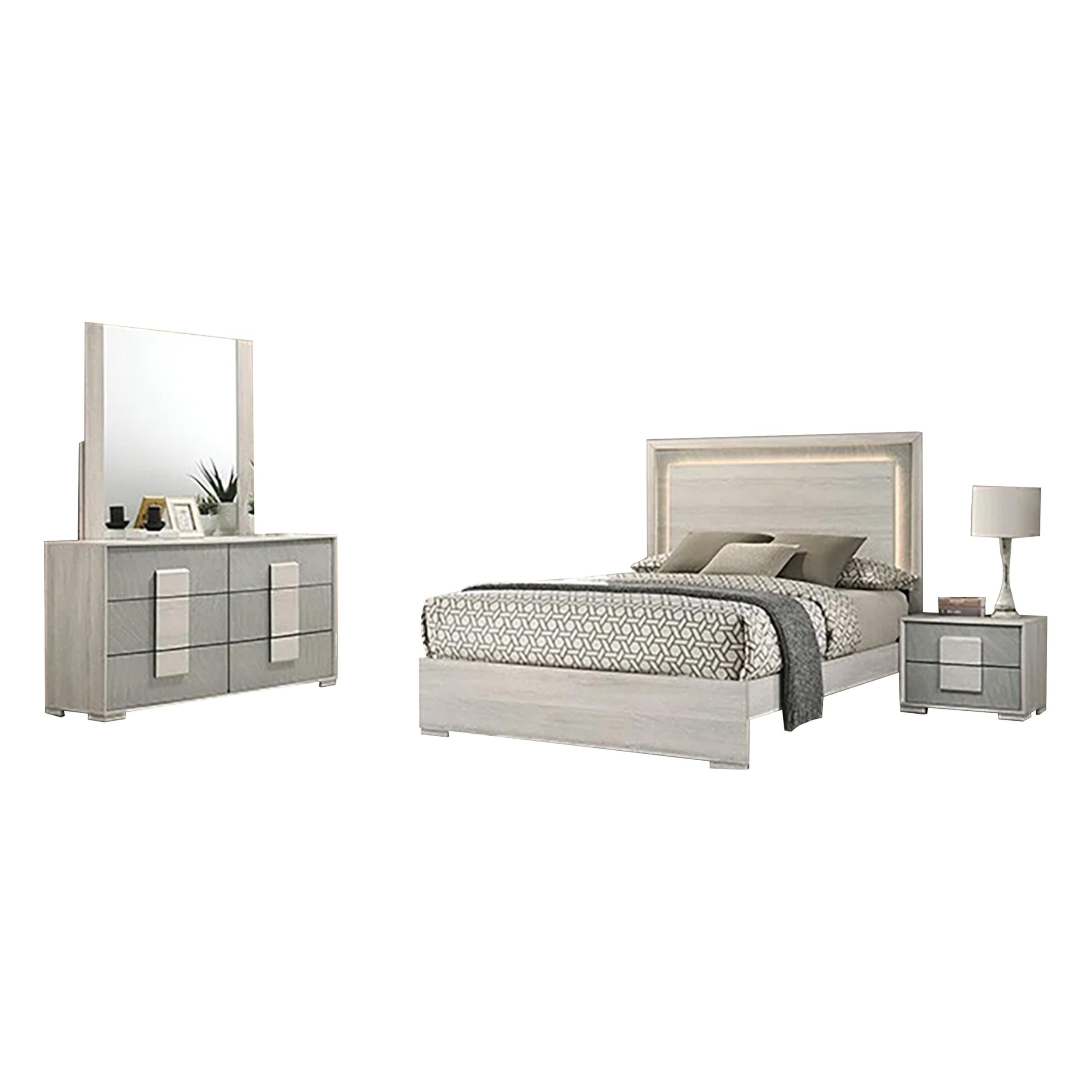 Nomi 4pc Queen Bedroom Set w LED Headboard, Stone Gray Drawers